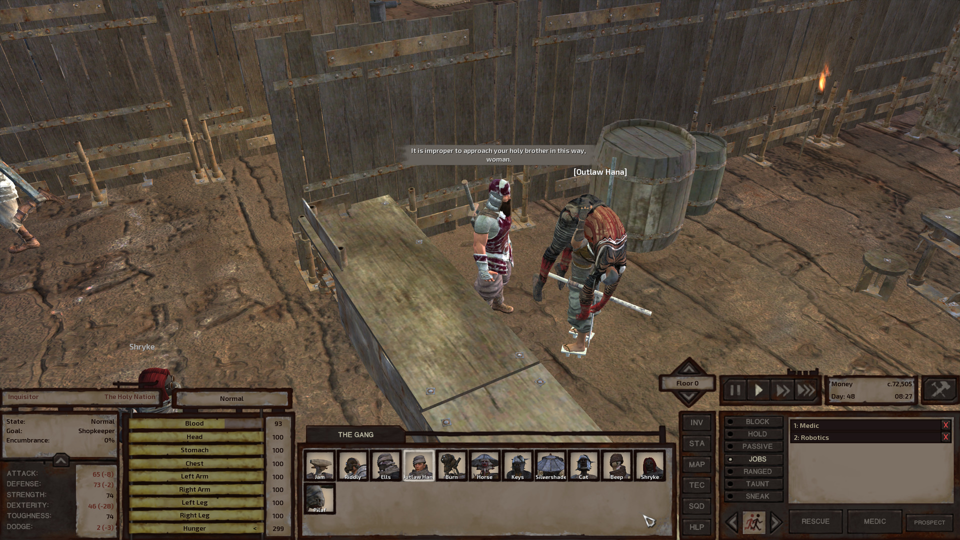 In a building with a cracked stone floor and wooden interior walls, Outlaw Hana stands behind the inquisitor's desk and attempts to speak to him. She has a cannibal chief slung over her shoulder. The inquisitor is dressed in a somewhat fancier version of the Holy Nation paladin uniform, sporting a metal breastplate with segmented faulds over a chain shirt, metal gauntlets, loose pants tucked into plated leather boots, and a rounded metal helmet covering the top of the head with a chain aventail covering the neck and sides of the face. Unlike the regular paladins, who wear white, grey, and brown, the inquisitor's helmet and breastplate are coloured a rich burgundy.