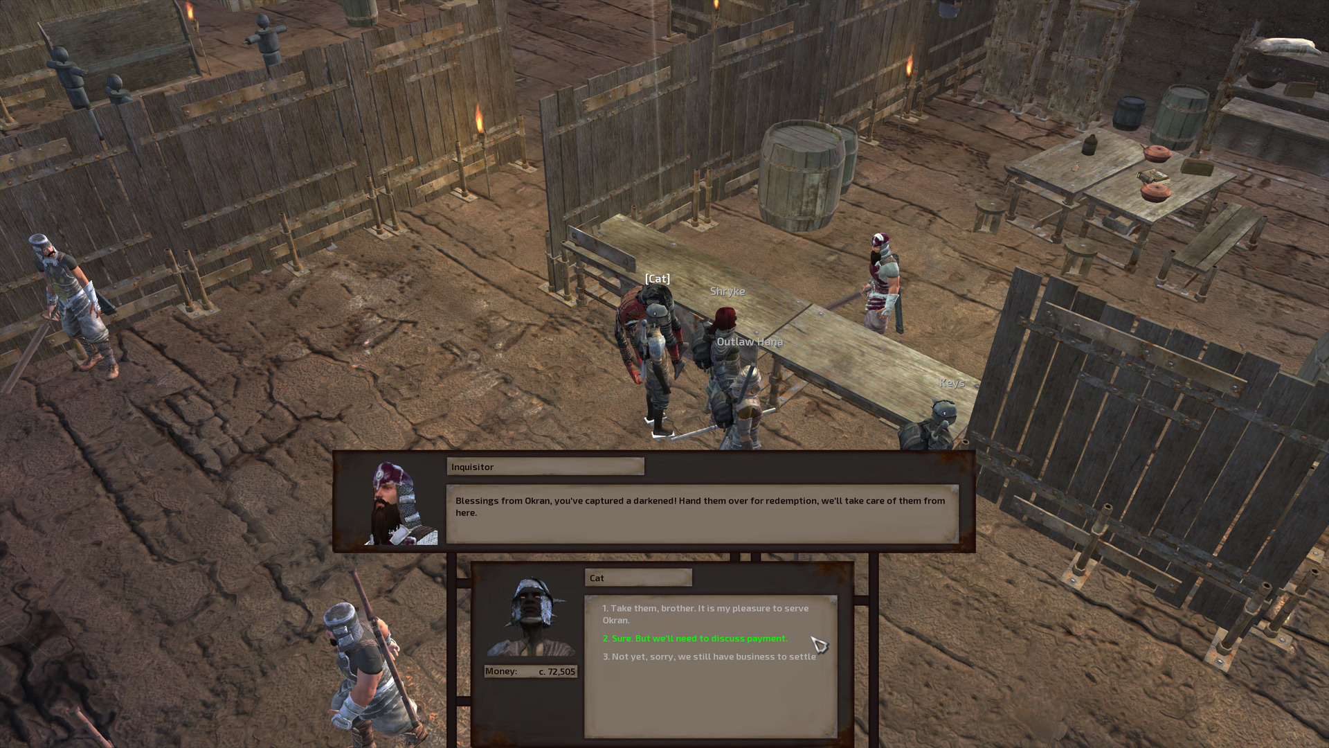 Cat, Shryke, and Outlaw Hana now do things quote-unquote properly, standing in front of the desk while Cat talks to the inquisitor. This image is not zoomed as far in as the last; we can now see that behind the inquisitor's desk is a table with some food on it and to the left of the desk is a hallway leading to a room with a bunch of training dummies.