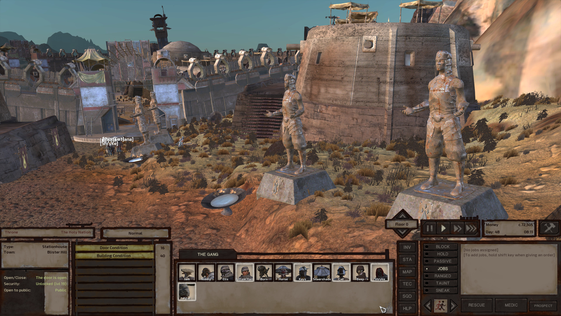 The rocky brown dirt thoroughfare of Blister Hill's government district. The wall separating the district from the rest of the city blocks the horizon. To the left of the gate and the thoroughfare, a raised stone walkway emblazoned with pennants bearing the Holy Nation's flame symbol in pale yellow on dark red, leading to the inquisitor station the gang just left. To the right, a solid stone building with an identical raised walkway in front. Forming a curved line in front of the building, four identical rusting Holy Lord Phoenix statues sitting on stone podiums that also bear the Holy Nation's flame symbol. The statues have their forearms held out in front of them like someone is about to give the Holy Lord Phoenix a bunch of logs to carry, or a large box or something.