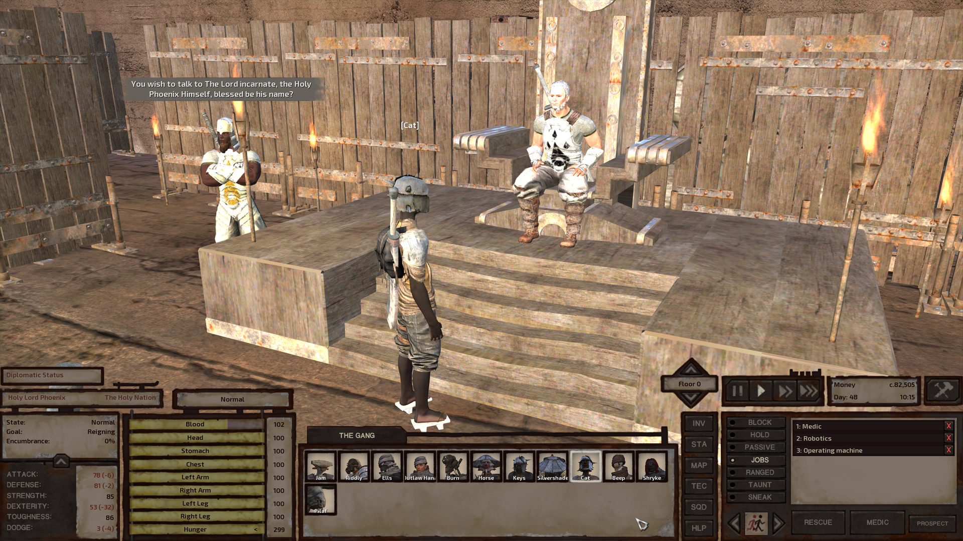 Cat stands in front of the dais, looking at Holy Lord Phoenix. The Protector Of The Flame wears the same uniform as the inquisitor from the last page but all in gleaming white with the Holy Nation symbol in yellow on his breastplate. He is a dark-skinned human man with a dirty blonde moustache and bushy chinstrap beard that's much longer under the chin. Frankly it looks like shit.