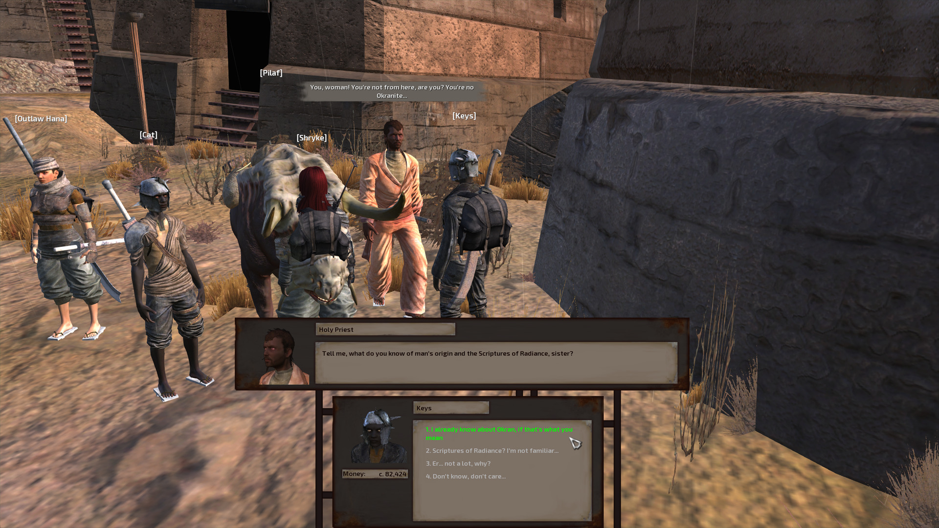 Keys is approached by a brown-skinned human man with short brown hair and a thin little musketeer-style van dyke. He wears a light orange outfit that looks like it would make for incredibly comfy silken pajamas but knowing the Holy Nation is probably actually made from haircloth or something equally horrible. Next to them, Shryke and Pilaf are clipping into each other egregiously. Cat and Outlaw Hana are present also.