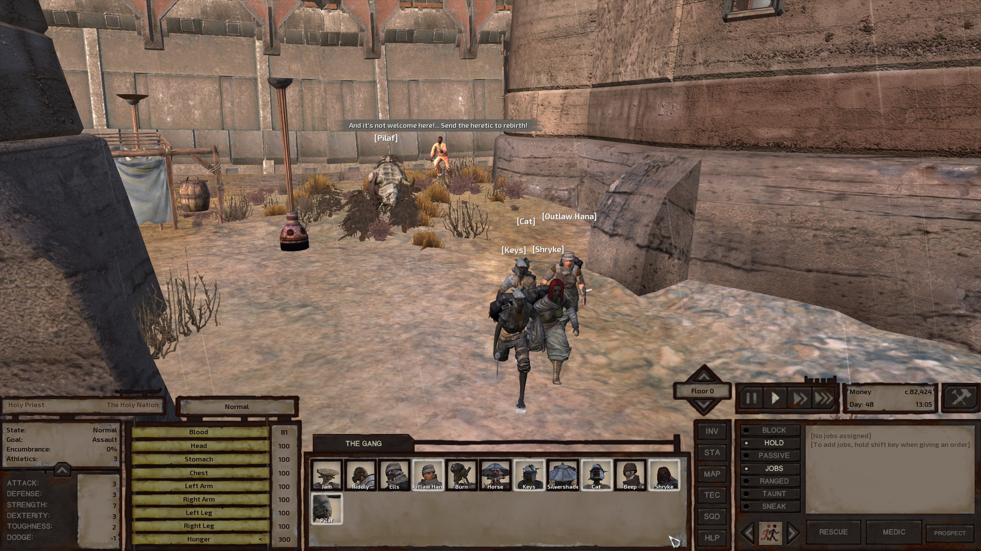 The human squad runs between two buildings, past a torchpost that looks kinda like a toilet plunger. The holy priest gives chase.