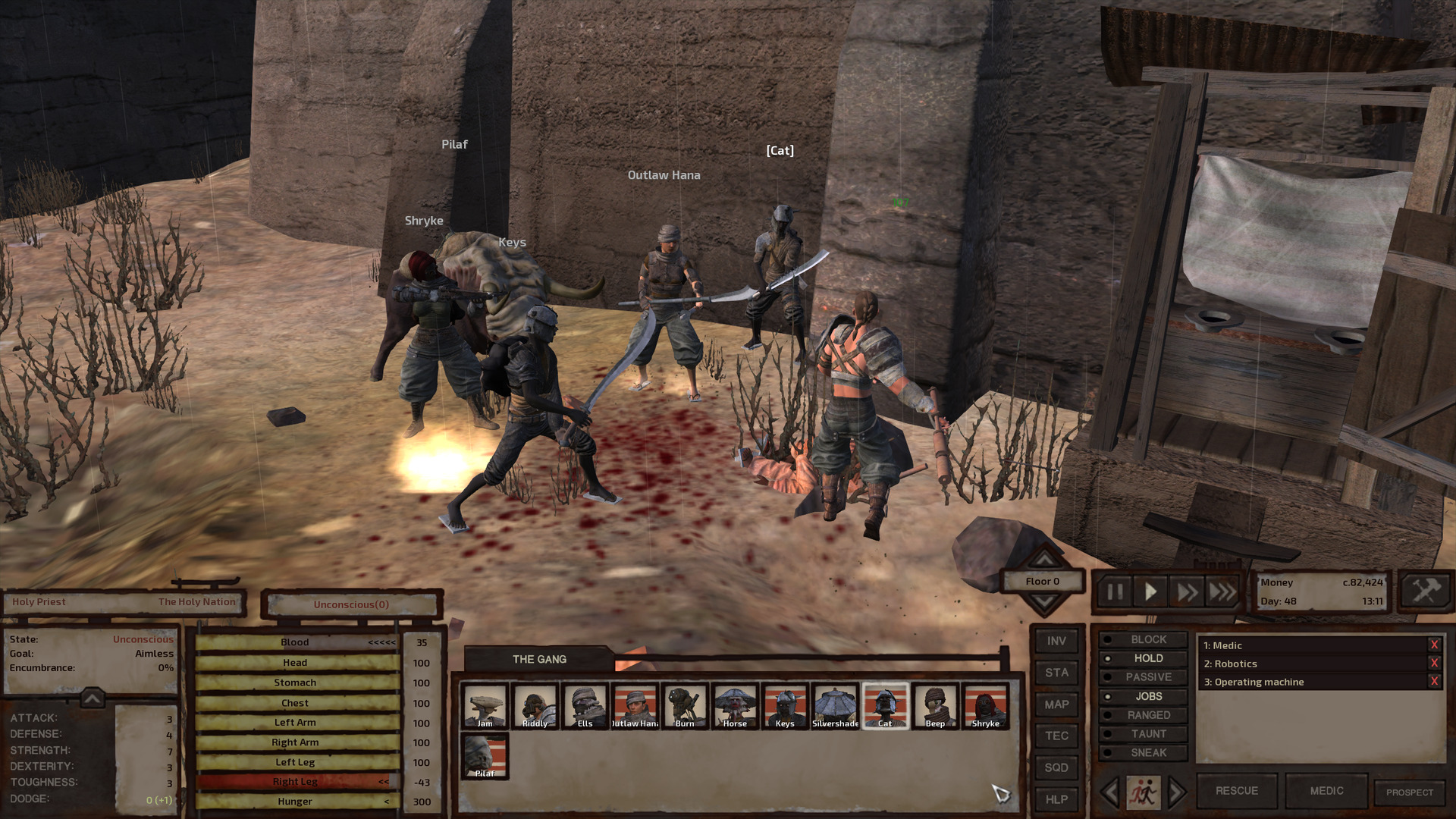Their weapons out, the human squad forms a battle line behind a stone building. There's a spray of blood on the ground in front of them, on the other side of which lies the holy priest. Right next to the priest, looking like he's about to step on him, is a fair-skinned human man with a braided mohawk ponytail. Leather straps crisscross his otherwise bare back, holding on thick metal shoulder pads and chest armour. He is swinging a club at the gang. It's important to note that this whole battle scene is taking place right next to an outhouse.