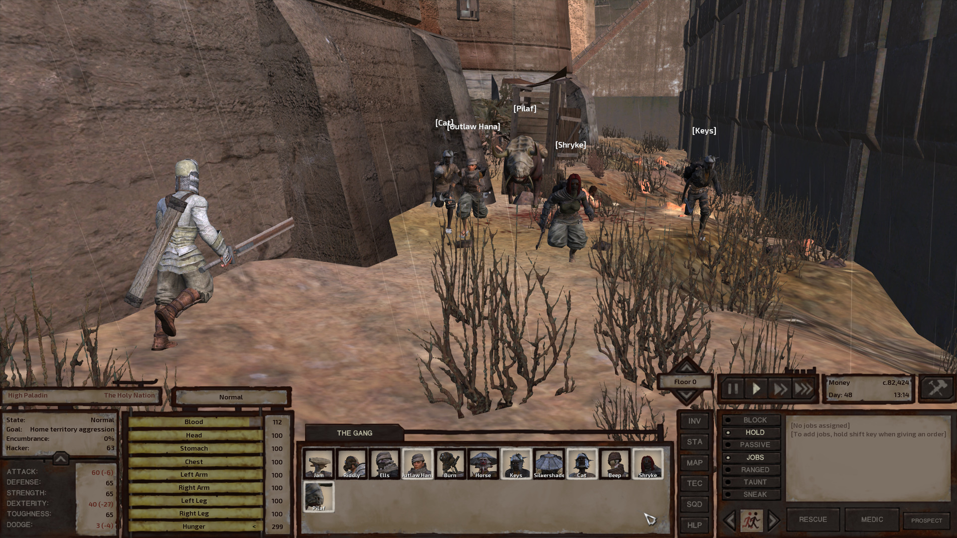 A heavily armoured high paladin, sporting a full long-sleeved chainmail shirt under his cuirass, runs down the alleyway toward the gang with his big old sword out. The gang likewise runs toward him, away from the scene of their crime, though not out of any intention to fight him. He's just between them and the exit.