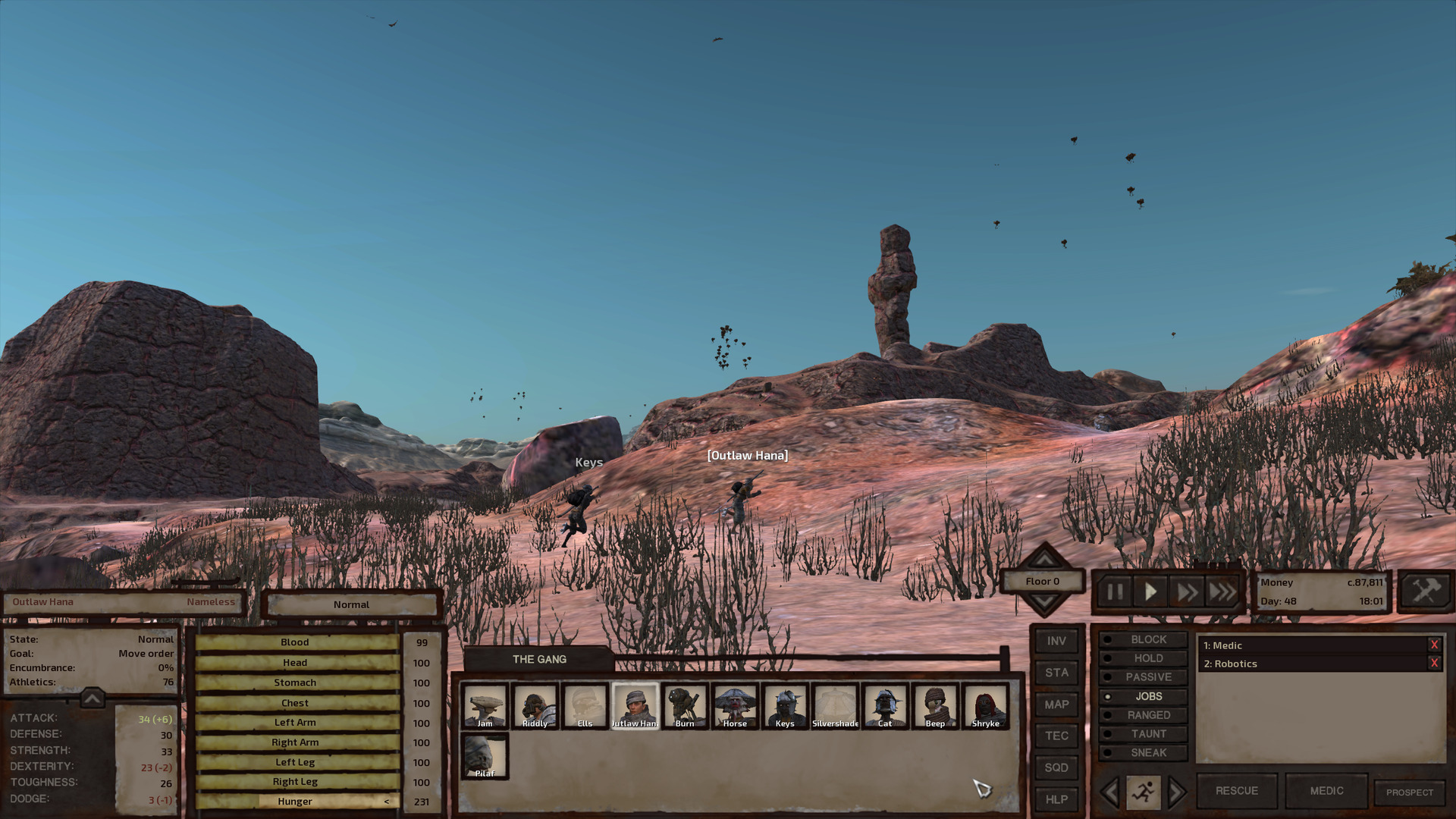 Keys and Outlaw Hana run up a slight hill past a thicket of scrub. Various rocky outcroppings thrust into the sky in the background. Far above, clusters of small flying robots hover in the otherwise clear blue sky, their purpose as mysterious as it ever was.
