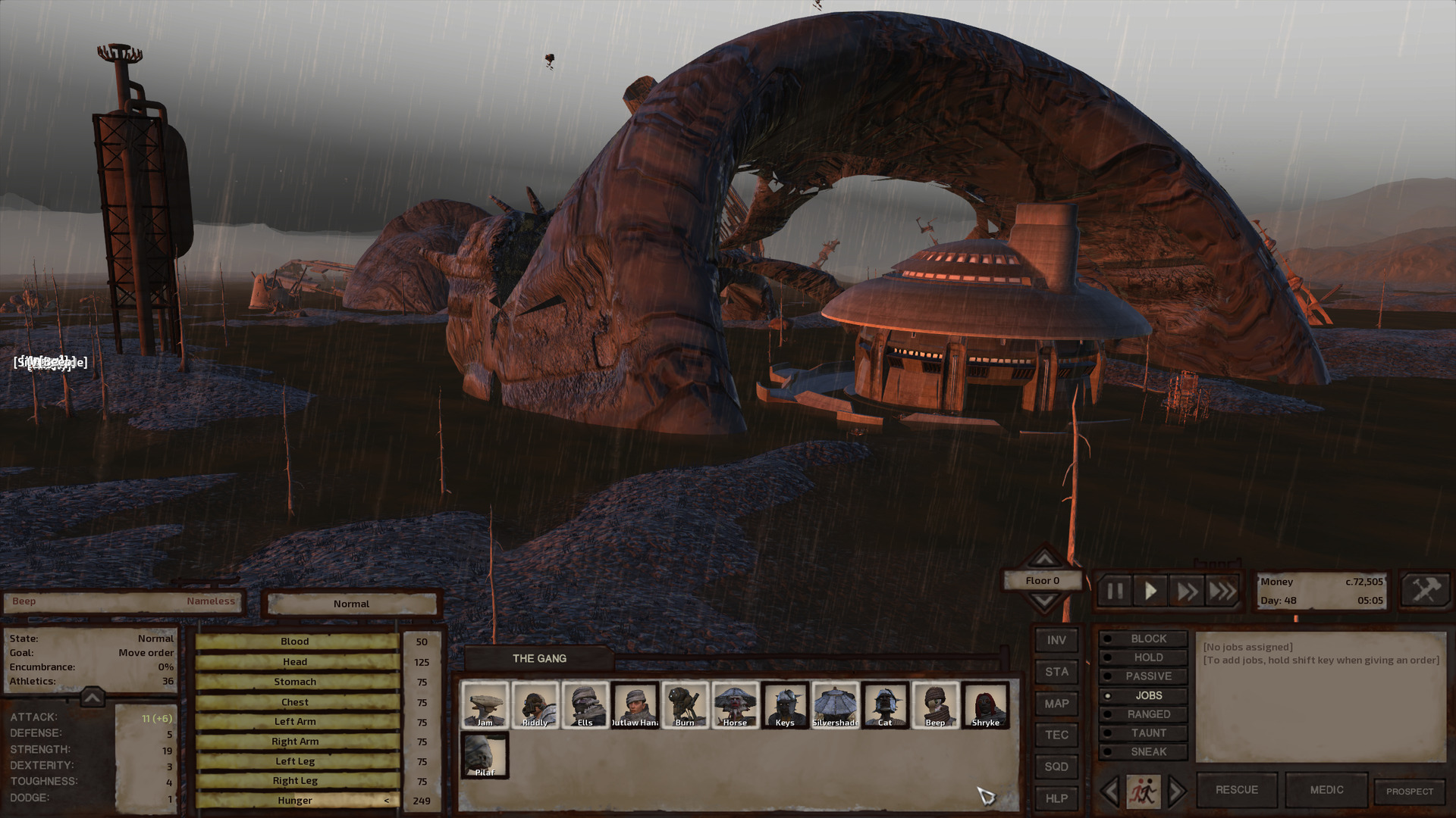 An ancient lab sits in the brackish water, tilted forward enough that the front entrance is a few feet underwater while the back half is dry. The entire thing sits in the middle of a massive piece of rusted scrap shaped like a thick ring, tilted the opposite way to the lab.