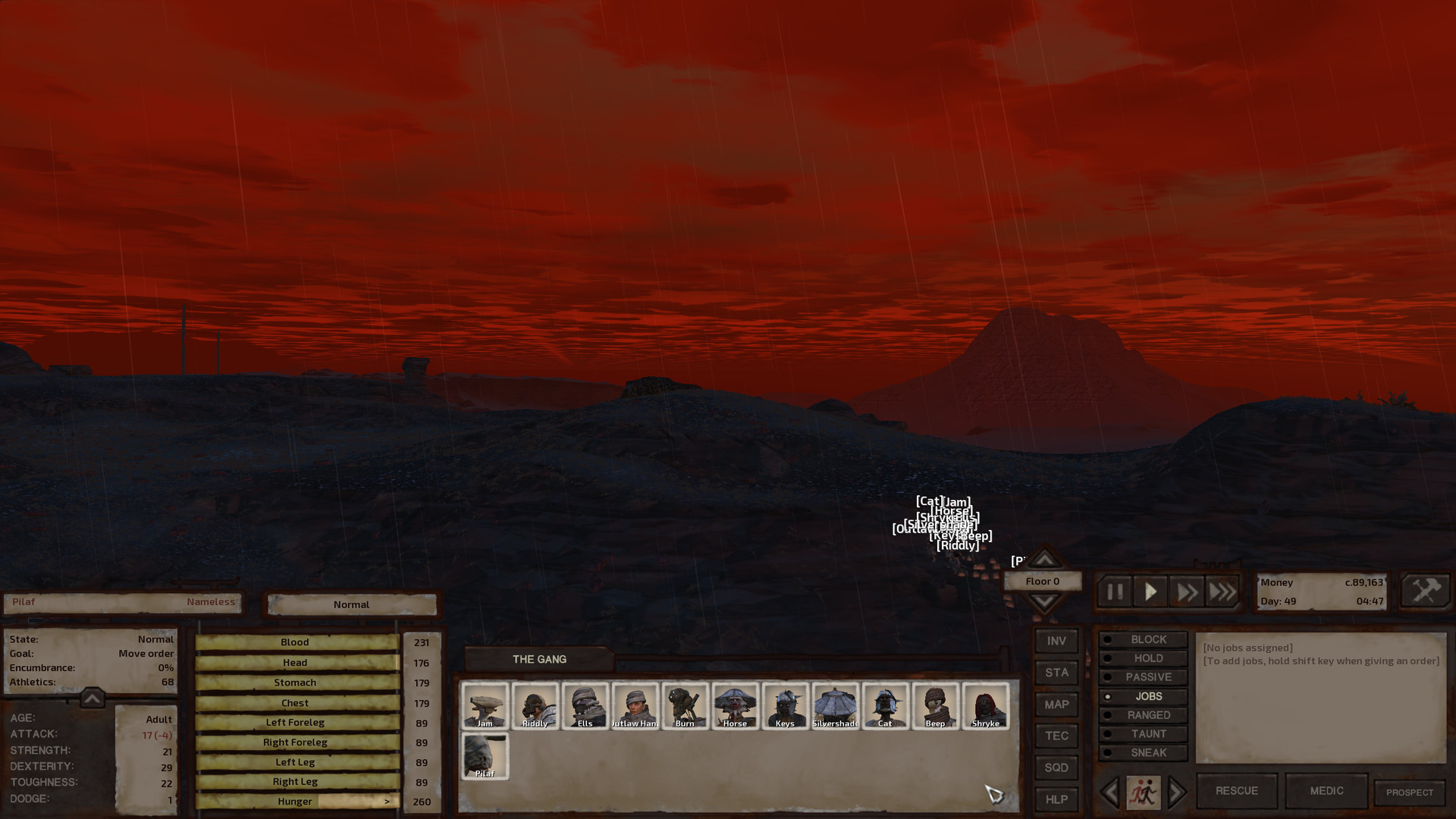 The gang travels along a rocky ridge, a dip in which coincides with a tall mountain in the distance. The scene is dark; the sun's not really up yet so the land looks nearly black. The real focus, though, is the sky, a rich blood red mottled with dark red clouds.