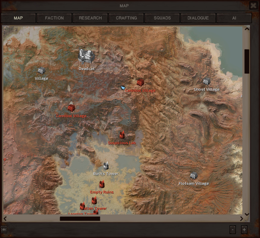 The map. The town of Deadcat is situated centre north and surrounded by cannibal villages. The gang has just passed the easternmost cannibal village and is directly north of the Suspicious Lab. On a wider scale, this is all in the Cannibal Plains, with the Floodlands to the south and the Hidden Forest to the east.