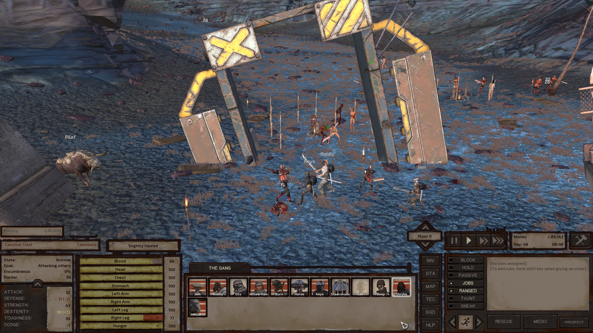 Riddly and Keys fight the chief while Jam crosses swords with another cannibal under the busted, half-buried remnant of what was once Deadcat's city gate. On the other side of the erstwhile gate are a bunch of prisoner poles, many with unconscious shrieking bandits chained to them.