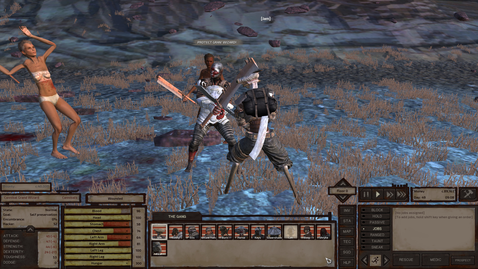Jam and two underwear-clad shrieking bandits, terribly malnourished-looking human women, face off against the Cannibal Grand Wizard. The Grand Wizard is bald and covered in red, black, and white body paint like other cannibals, but unlike other cannibals, he wears a pure white cuirass with segmented faulds rather than being completely nude. He wields a heavy cleaver with a concave curve to the chopping end. The picture makes it look like he is chopping Jam's head in half but I promise that's just clipping. Jam is okay.