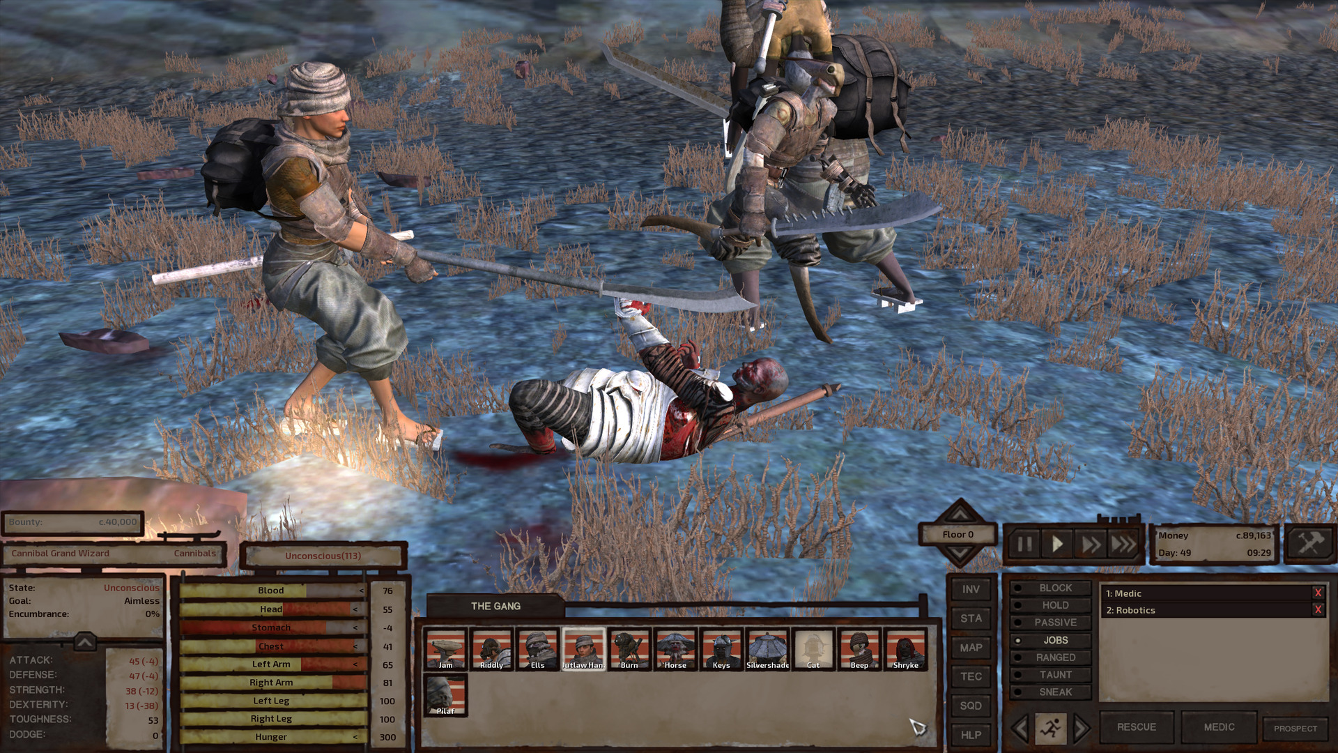 Outlaw Hana stands over the fallen Grand Wizard, knees bent, polearm at the nadir of its downswing. The Grand Wizard lies on the ground, his head raised and his arm up as if he's trying to block Outlaw Hana's blade, but he is in fact unconscious and just falling in a way that made for a pretty cool shot. Behind him, Jam and Ells start in opposite directions, finding new opponents now that their current foe has fallen.