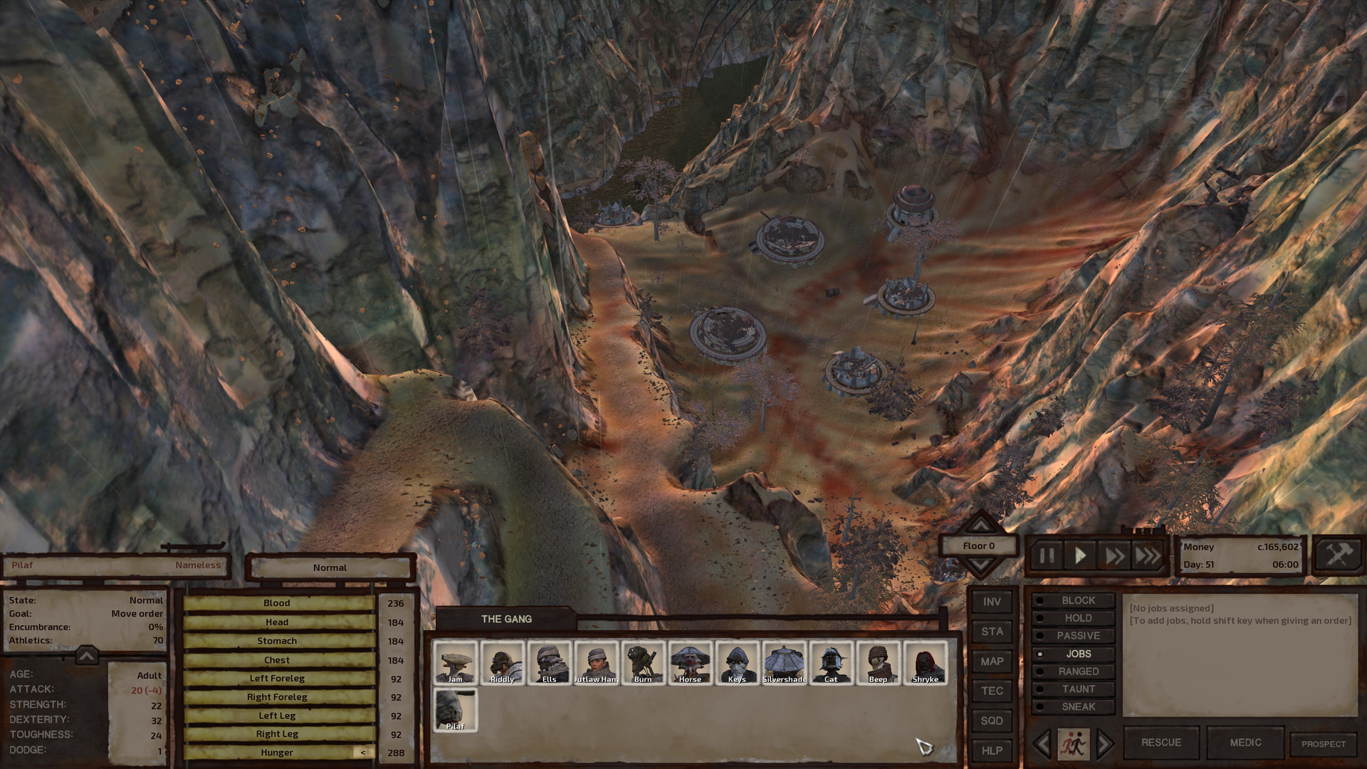 From an elevated path, the gang looks down into a plateau with a well-preserved circular metal ancient building stands flanked by four dilapidated ruins. This plateau is still partway up the mountain. It's enclosed on either side by sheer mountain faces leading upward, and in the back with one leading downward. A river can be seen at the bottom of this sheer face in the back with another sheer mountain face on the other side.