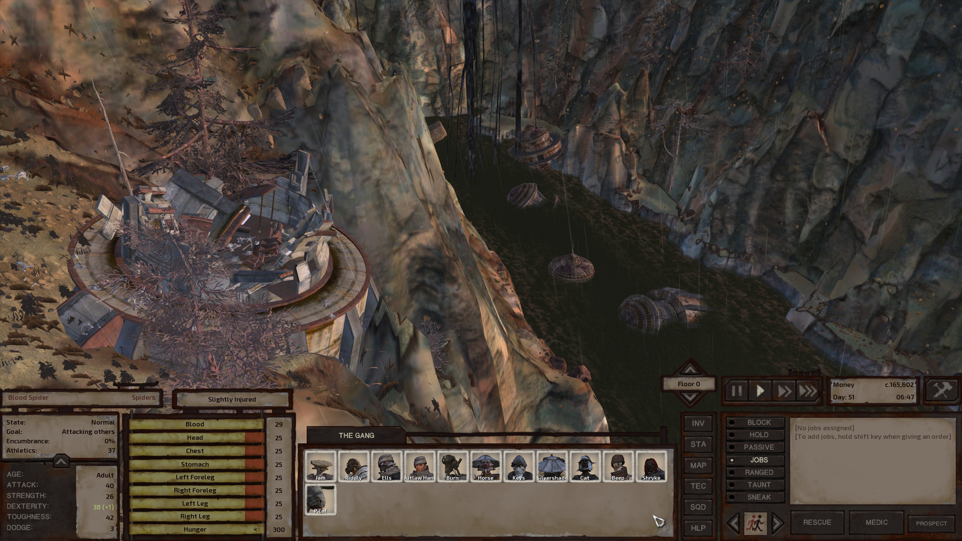 On the cliff's edge at the back of the plateau, between a couple trees, one of the dilapidated ruins perches as if just a little more erosion would send it tumbling into the river below. On that note, the river already holds three mostly-submerged buildings in a line which presumably at some point did tumble down from above. Just past those three, there's a fourth building sitting at a jaunty angle on a little shelf of rock at the water's edge. It looks potentially explorable.