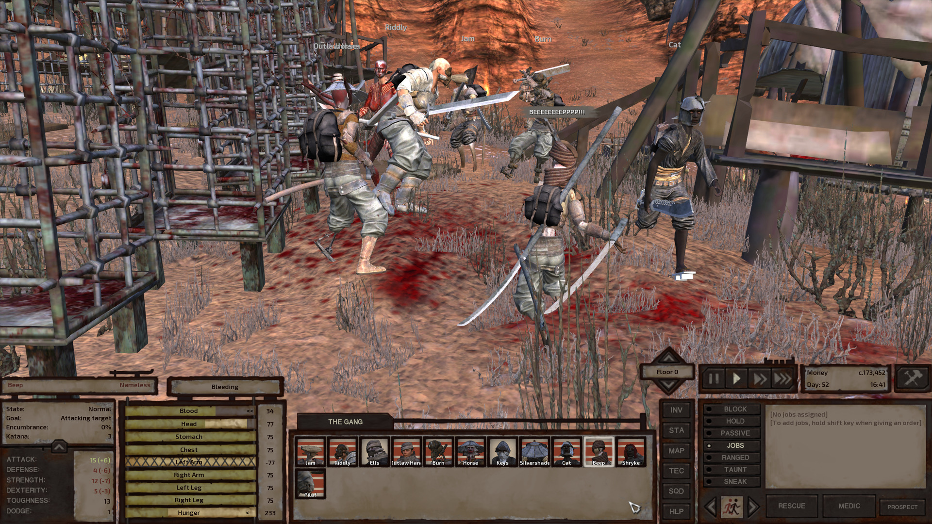 Beep lets out an alarming beep of agony as he uses his right arm to swing his katana. His left arm is gone. The gang is triumphing over the cannibals; there are six of them in the shot and only one cannibal left standing, blood staining the ground between them, but Beep has been unlucky.