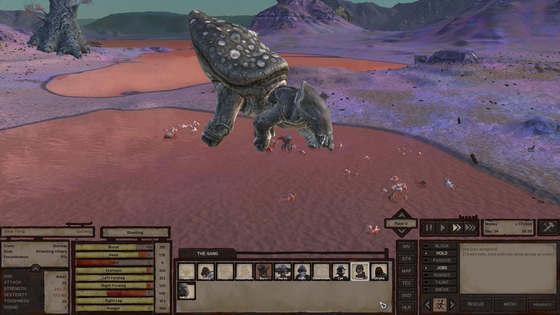 A beak thing attacks a leviathan with its trademark attack, a nasty downward peck where it uses its long neck to bring its beak crashing down on its prey. It only comes up to the leviathan's knee, though, so it is not having much success. It is about to get stepped on. This struggle is taking place in the middle of a shallow lake of orange-pink water, which is littered with dead and dying beak things and garru. A second lake stretches into the distance, bordered by the pleasantly purple land of the Leviathan Coast.