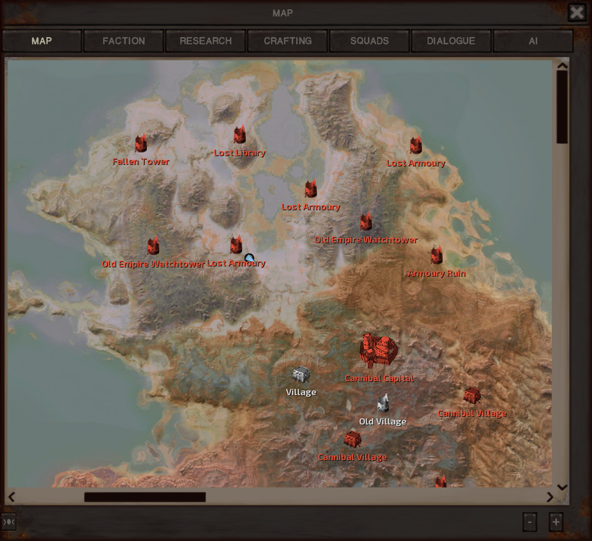The map, showing the Leviathan Coast jutting into the ocean at the northwestern tip of the continent. There are many icons here for many ruins. South of this region is the Cannibal Capital and then the rest of the cannibal villages across the Cannibal Plains.