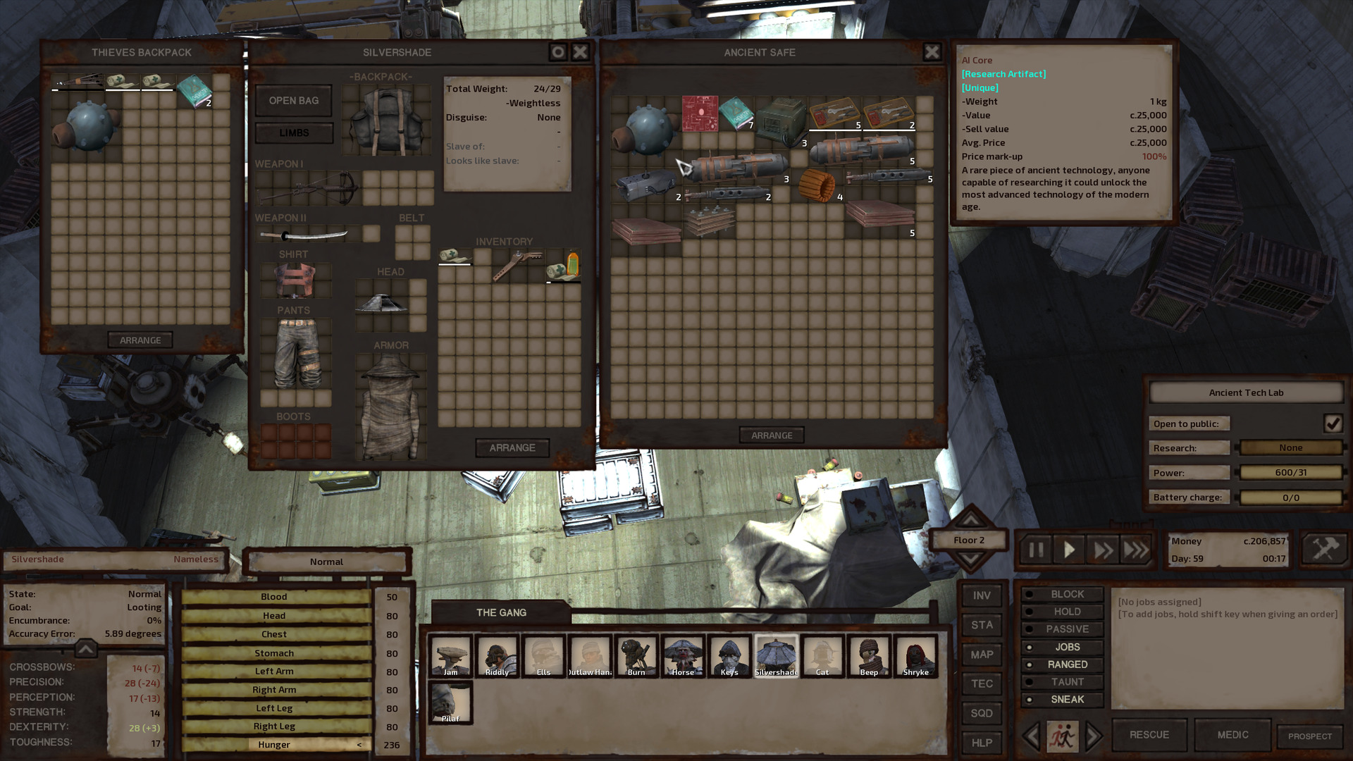 Silvershade is looting an Ancient Safe, which contains various research materials and tech parts. An AI Core looks like a slate blue coloured ball with interspersed nodules all around it. Two thick, stubby brown cylinders are affixed to it, one on either side.