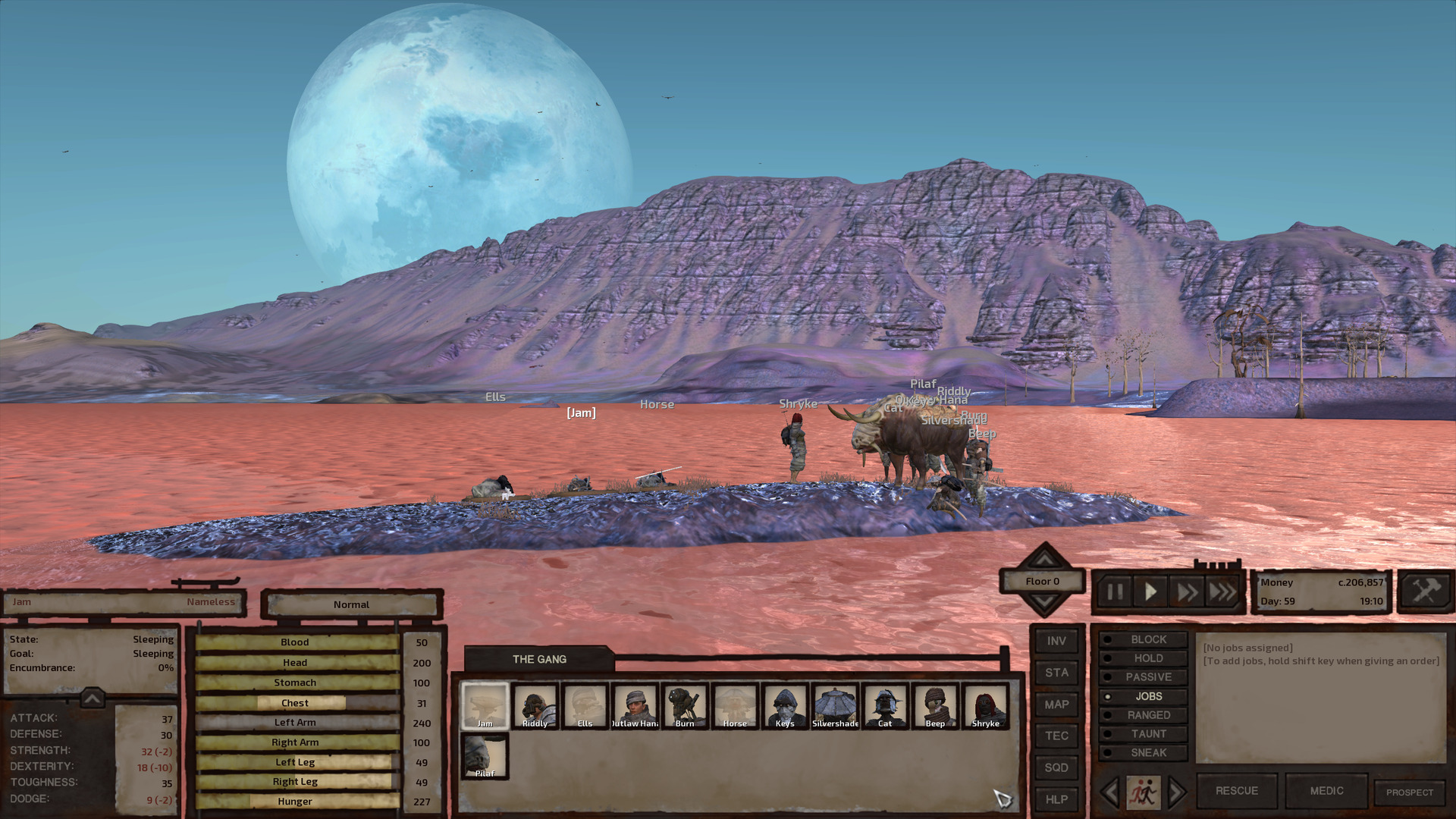 A rocky light purple ridge stretches across the horizon, its face rugged, folded, and cracked. Behind it, the planet Kenshi orbits looms large in the sky, cast in white in the sky's gradient blue. In the foreground, on a tiny little strip of an island, Jam, Ells, and Horse rest on bedrolls while the rest of the gang stand watch. Pilaf stands out; she has reached the Elder stage of life and is now huge.