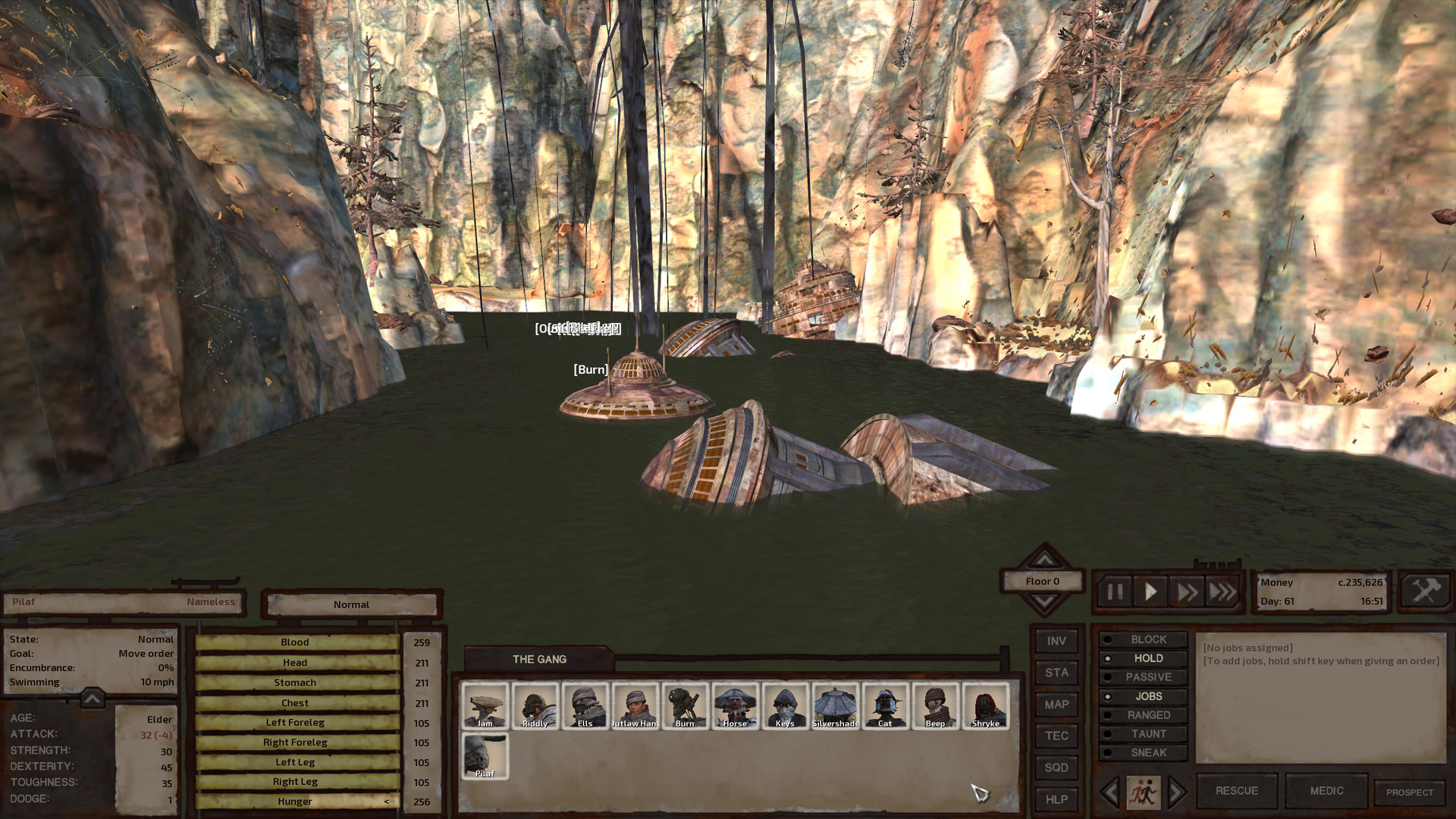 The dark green river Wend, bounded by sheer rock cliffs. Three ancient circular buildings lie mostly submerged in the river. A fourth sits, mostly just above water, on a rocky outcropping at the river's edge just large enough to accomodate it. Intersecting with this building, long strips of unknown black fabric hang down from a cable suspended across the river.