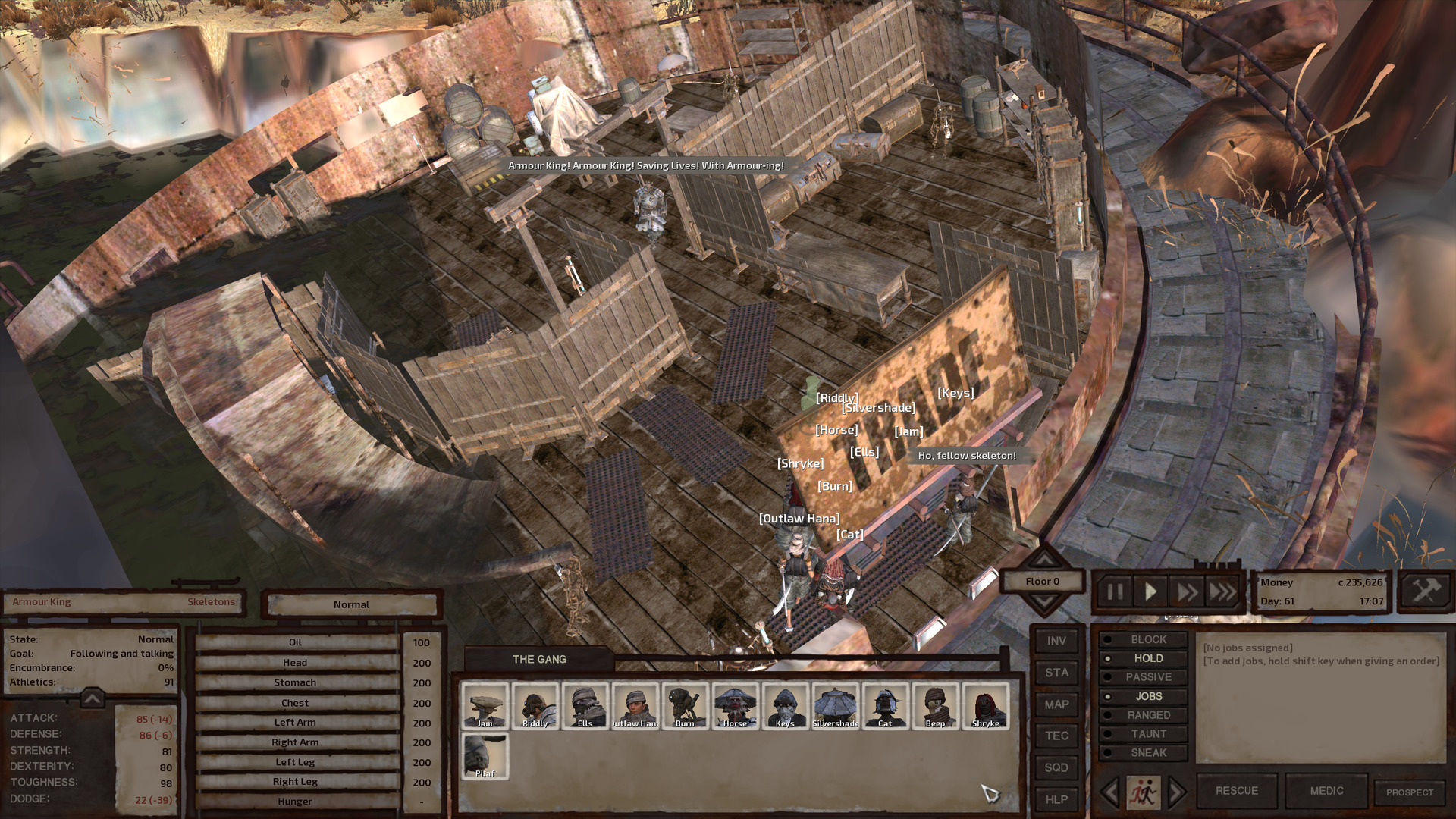 The building interior. A little less than half of the first floor is underwater, including the base of the ramp that leads up to the second floor. The other half has a small room with a shop counter in the front and a much larger storage room in the back. The gang stands in the entrance as the aforementioned skeleton in heavy armour walks toward them. There are also three headless skeletons with big swords standing around the shop.