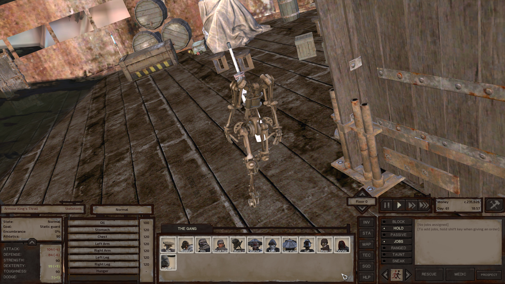 One of the Armour King's thralls walks from the storage room into the hallway. Aside from lacking a head, its overall construction looks significantly less complex than other skeletons we've seen so far. Behind the thrall, the wall of the storage room is lined with all sorts of crates, boxes, barrels, even casks. A bit of water seeps into the left side of the shot.