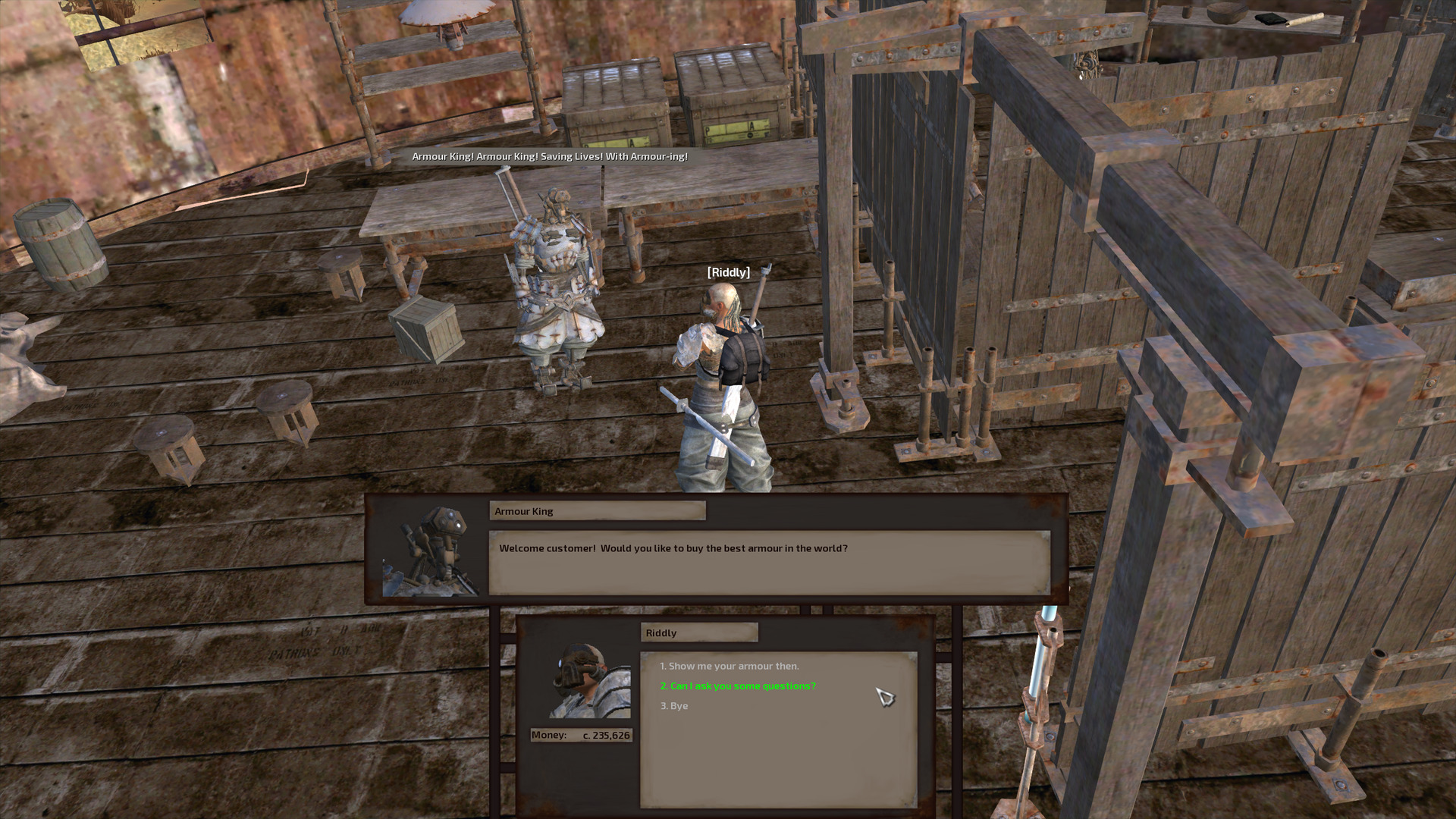 Riddly chats with Armour King in the storeroom.