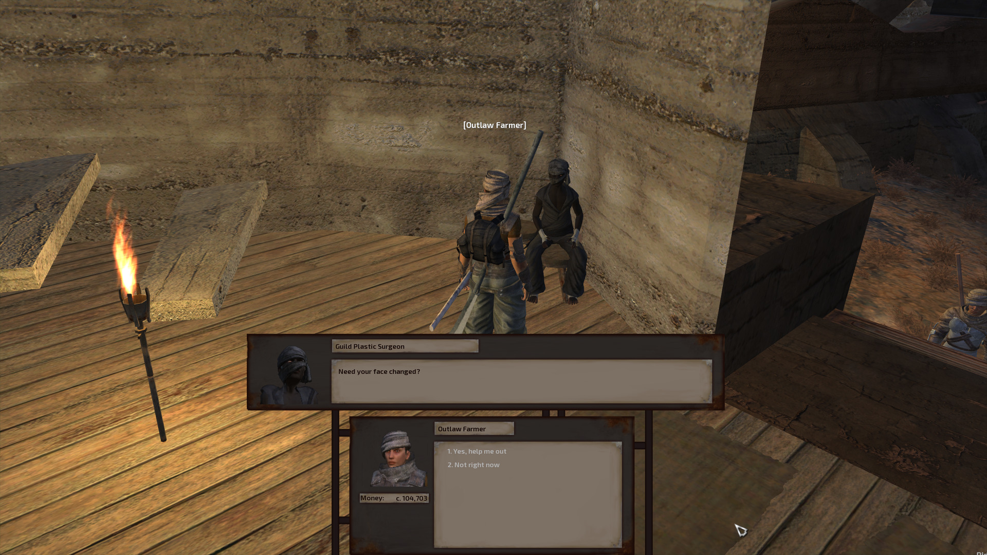 On the ground floor of the Thieves' tower, Outlaw Farmer speaks with dark brown-skinned human man. He's wearing a black gi and matching ninja mask. He sits on a stool next to the front door.