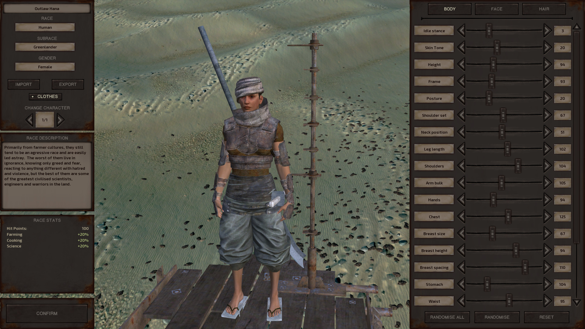 The character creation screen for Outlaw Hana.