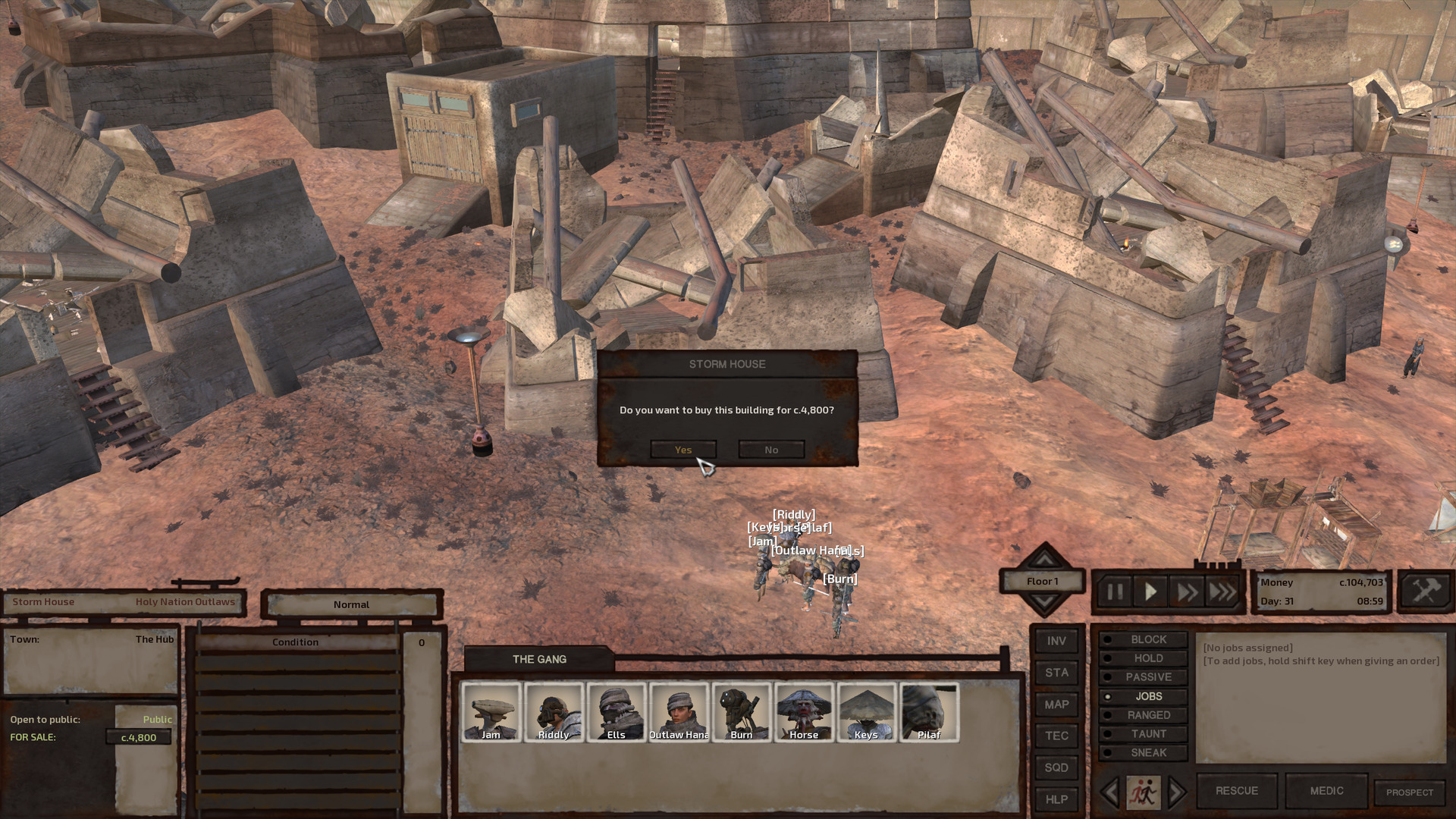 The gang stands in front of a row of collapsed houses. The one in front of them is totally empty but for rubble. A window in the middle of the screen asks the following: