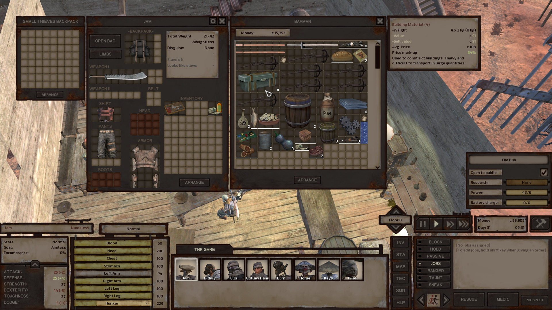 At the bar, Jam buys some building materials.