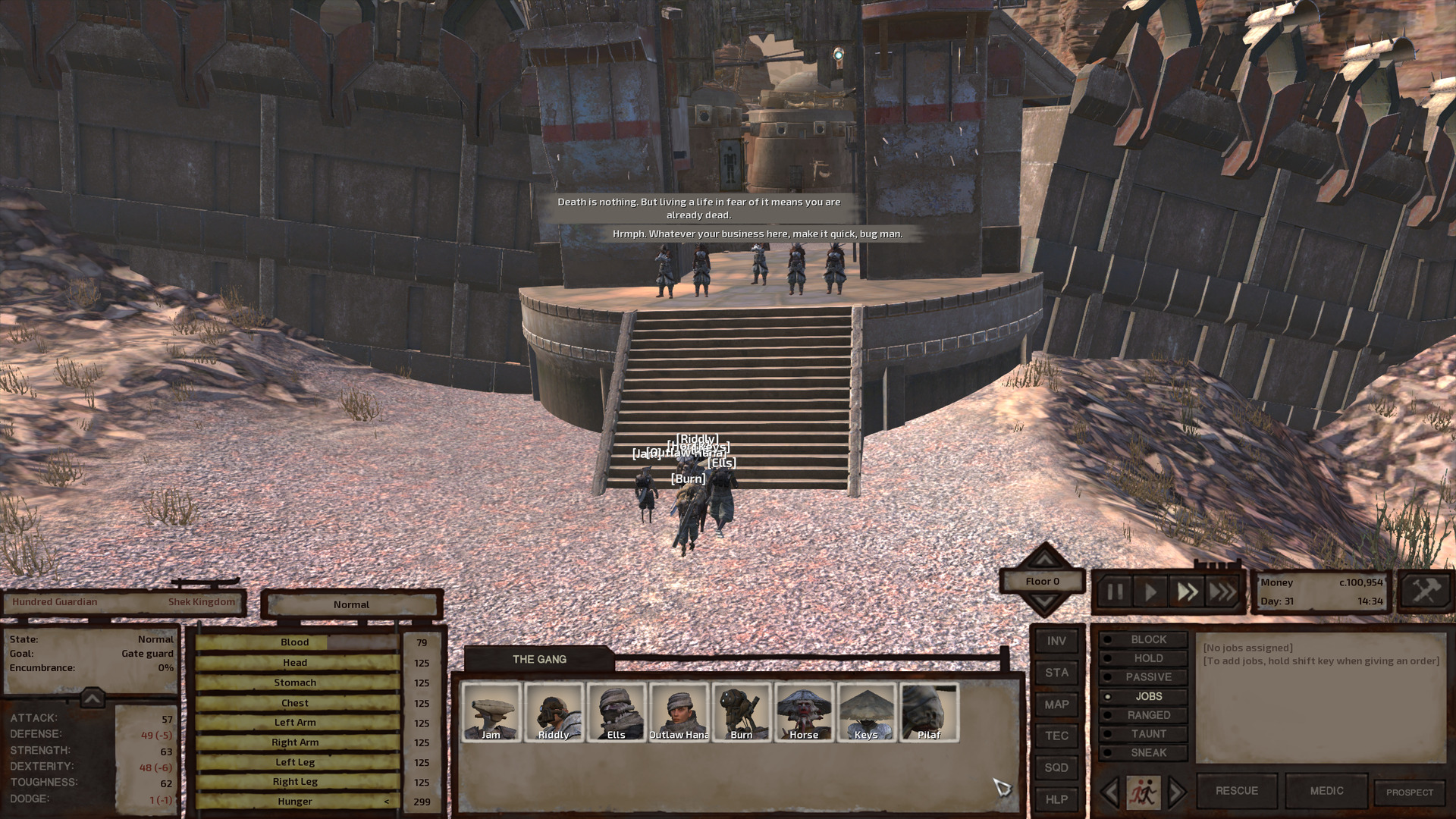 The gang approaches the town gates where five shek warriors stand guard. One expounds on their philosophy of life while another extends Jam a grudging welcome.