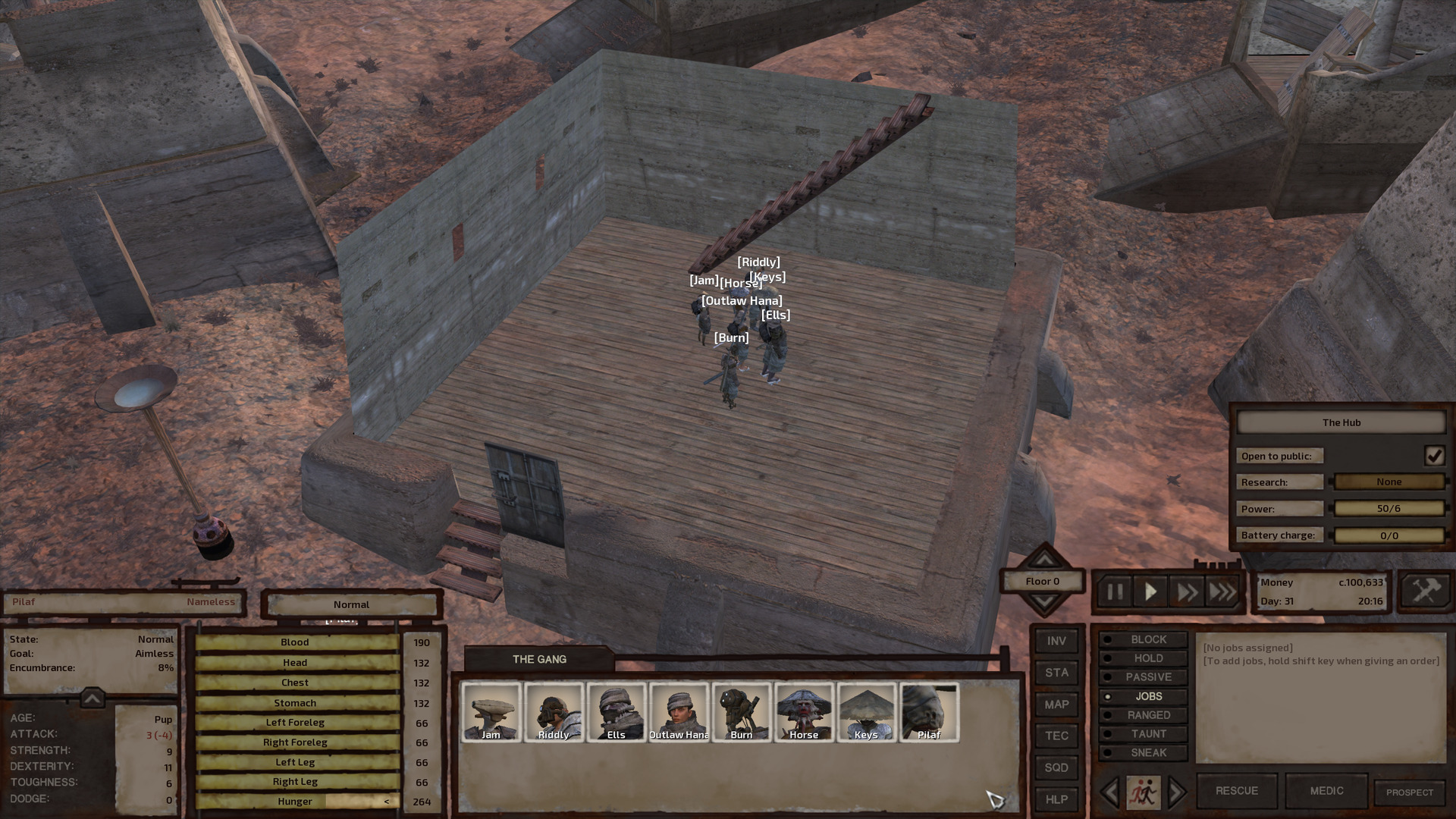 The gang stands inside the new house, a kind of building the game refers to as a Storm House. It is a square building large enough for a couple workstations or a modest amount of furniture. It has a single indoor storey and stairs at the back leading up to the roof.