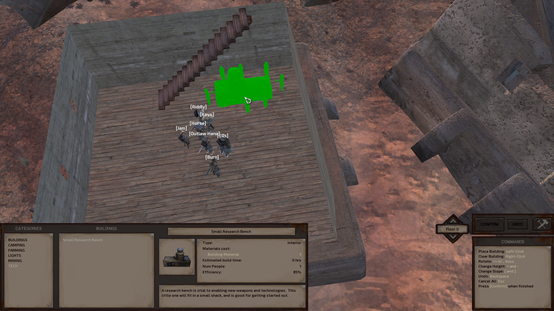 The build menu is open; I am in the middle of placing a Small Research Bench under the stairs. The research bench is coloured bright green, indicating that it can be placed there. The bench is surrounded by little person icons, also bright green, showing where one might stand to use the bench.