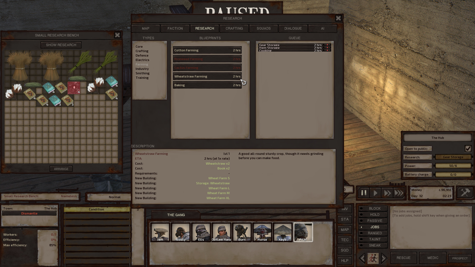 The research window is open, showing the research categories: Core, Crafting, Defence, Electrics, Farming, Industry, Smithing, and Training. The Farming section is open, showing the research options Cotton Farming, Riceweed Farming, Cactus Farming, Wheatstraw Farming, and Baking. Outlaw Hana currently has Gear Storage, Item Storage, and Cooking in the research queue.