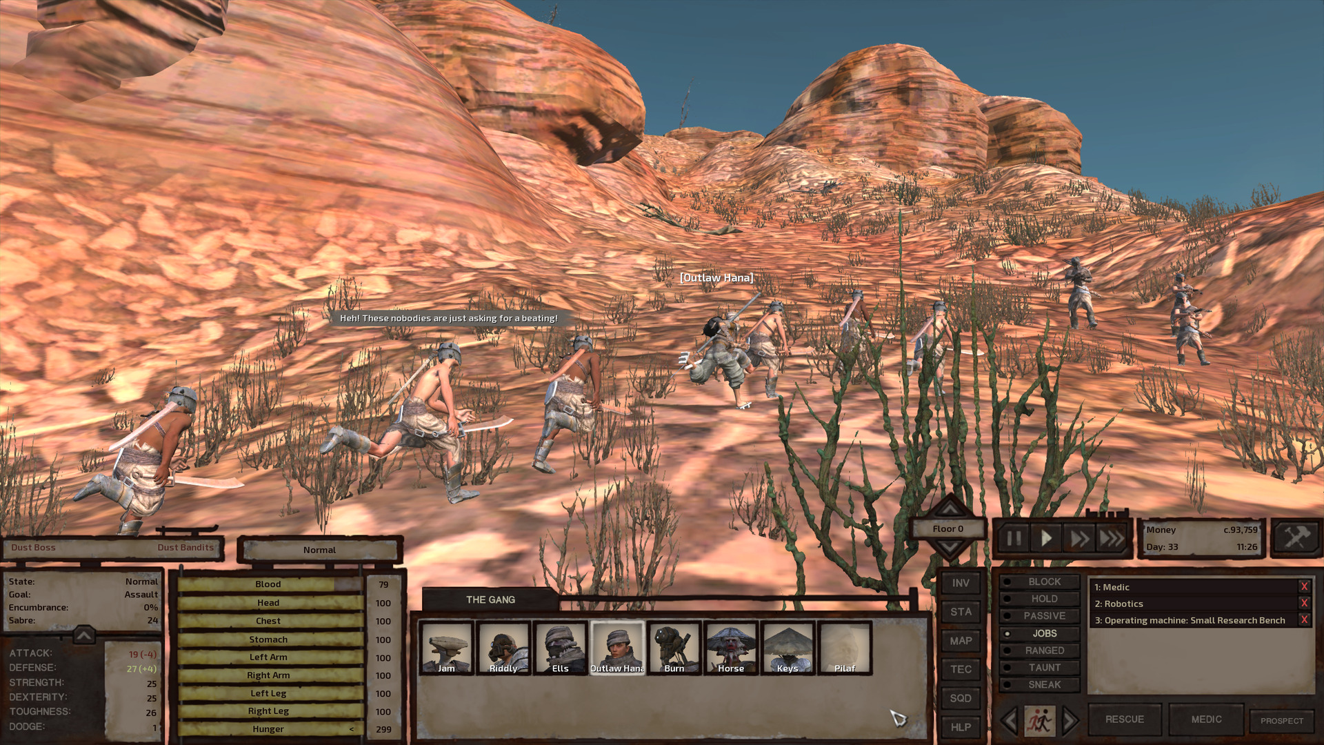 Outlaw Hana runs up a rocky hill through some scrub. Some dust bandits run after her while others are ahead, trying to catch her. The dust bandits, mostly greenlander humans and one shek, wear scrappy spiked metal helmets, metal boots, rag skirts, and go topless except for a heart protector, a single metal plate worn over one side of the chest.