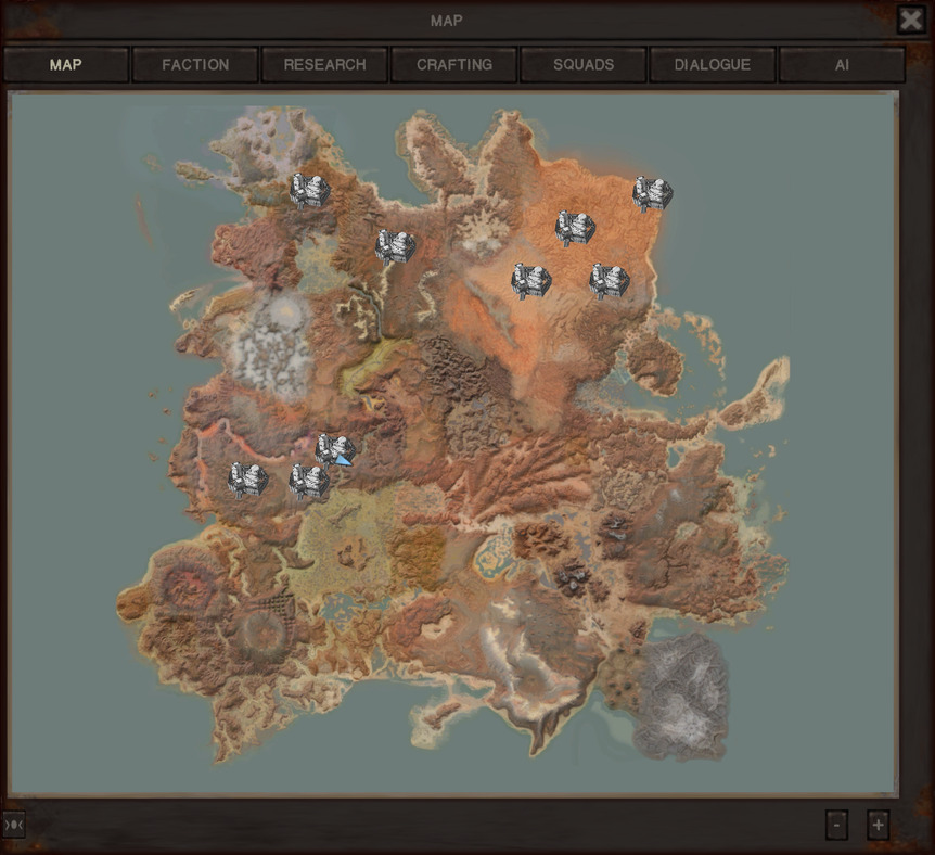 The map, zoomed all the way out. As usual for the map at minimum zoom, the cities the gang has discovered are shown.