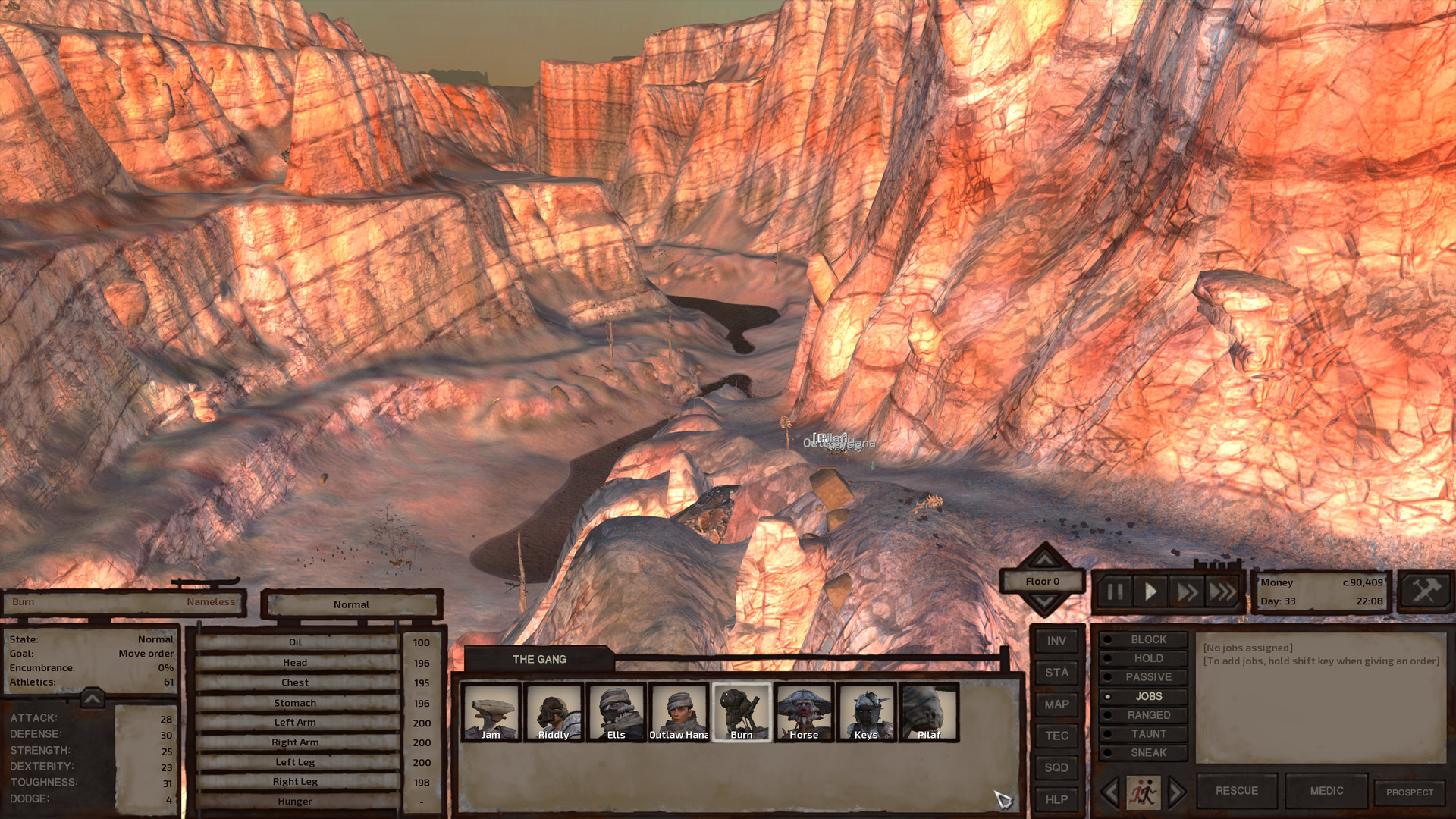 A narrow ravine, pale stone cliffs with visible sedimentary laters forming high cliffs on either side of a mostly dry riverbed. A winding, gradual path leads up the east side, which the gang is walking.