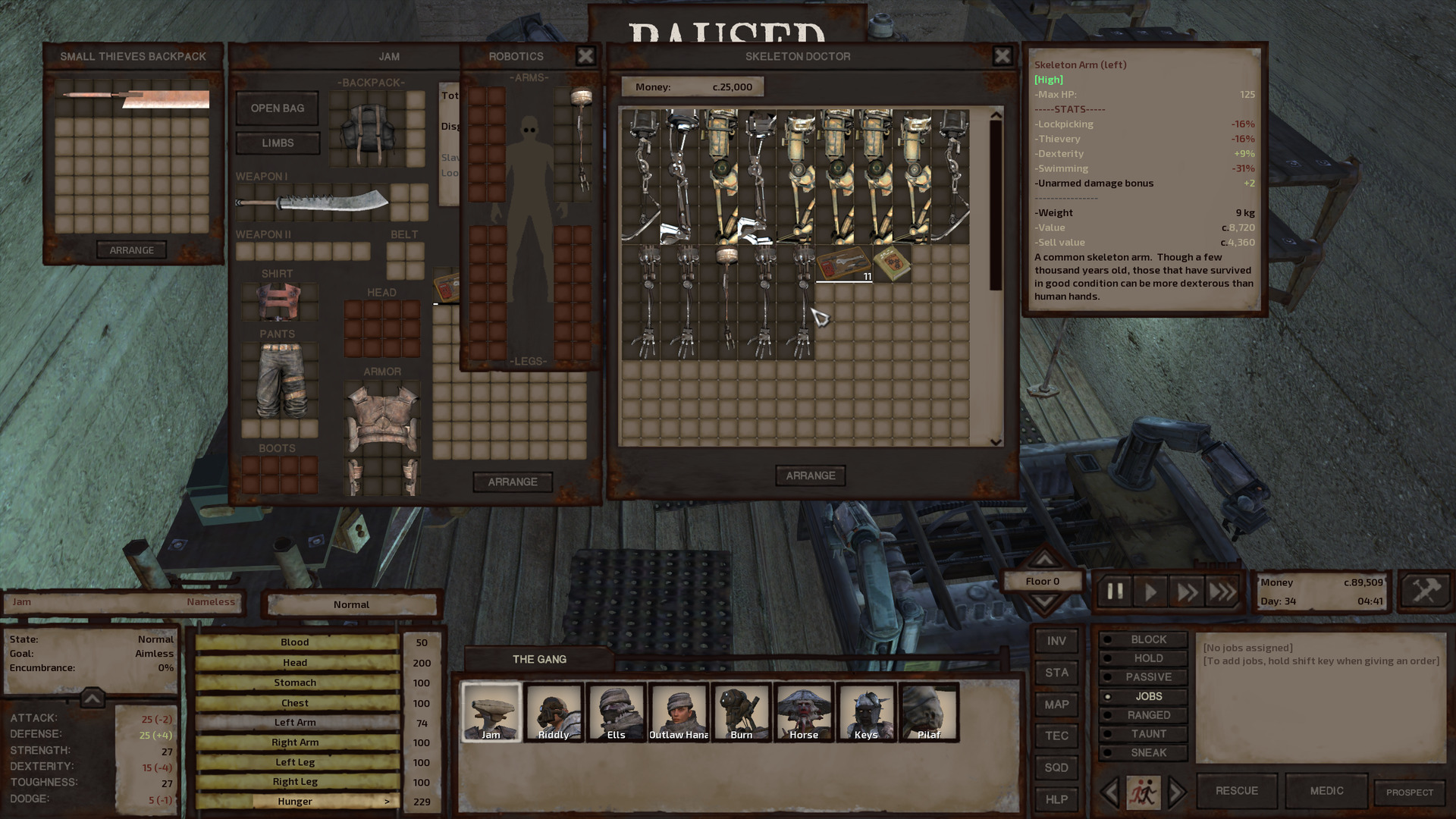 Jam is shopping at the waystation robotics shop. The shop has an assortment of prosthetic legs, a few prosthetic arms, and a pile of skeleton repair kits. Jam is looking at a High-grade skeleton arm.