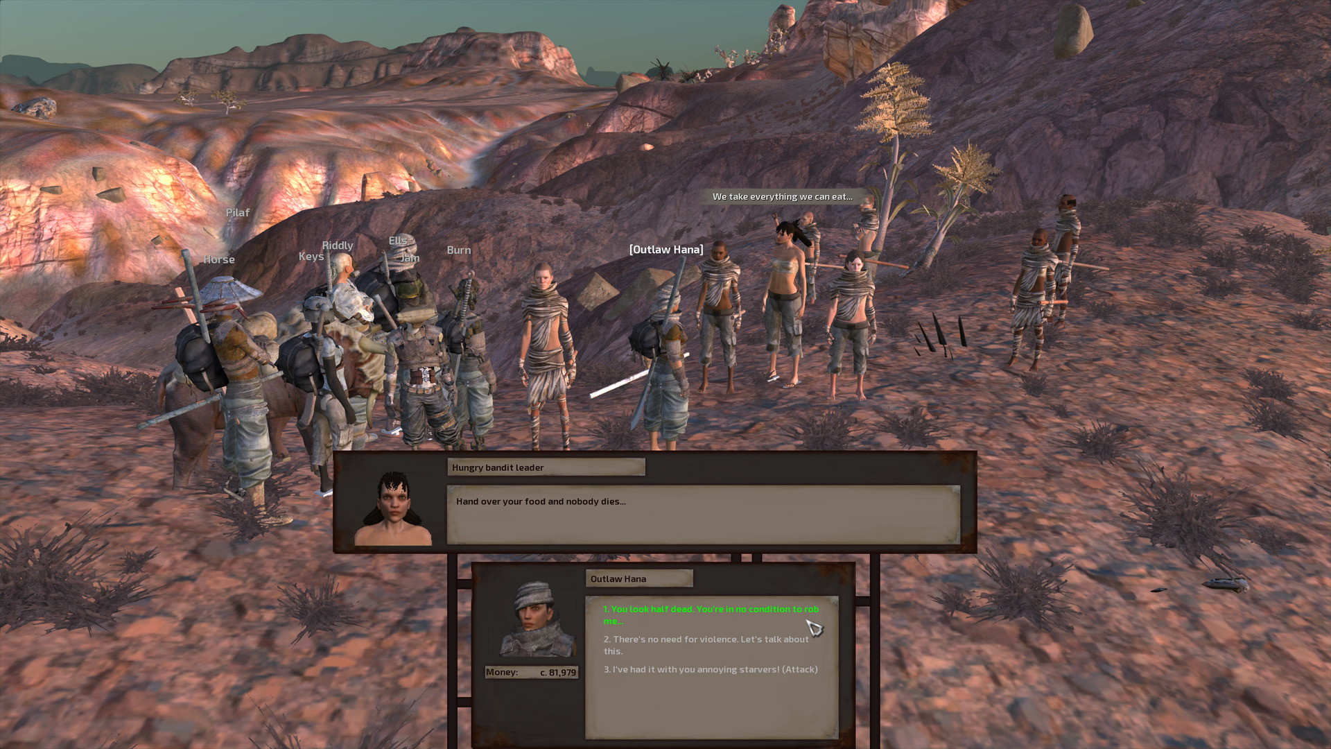 Up on a rocky ridge with badlands stretching into the horizon, Outlaw Hana speaks with the starving bandits' leader while the two groups stare each other down. The starving bandits are greenlander humans wearing rags and carrying sticks.