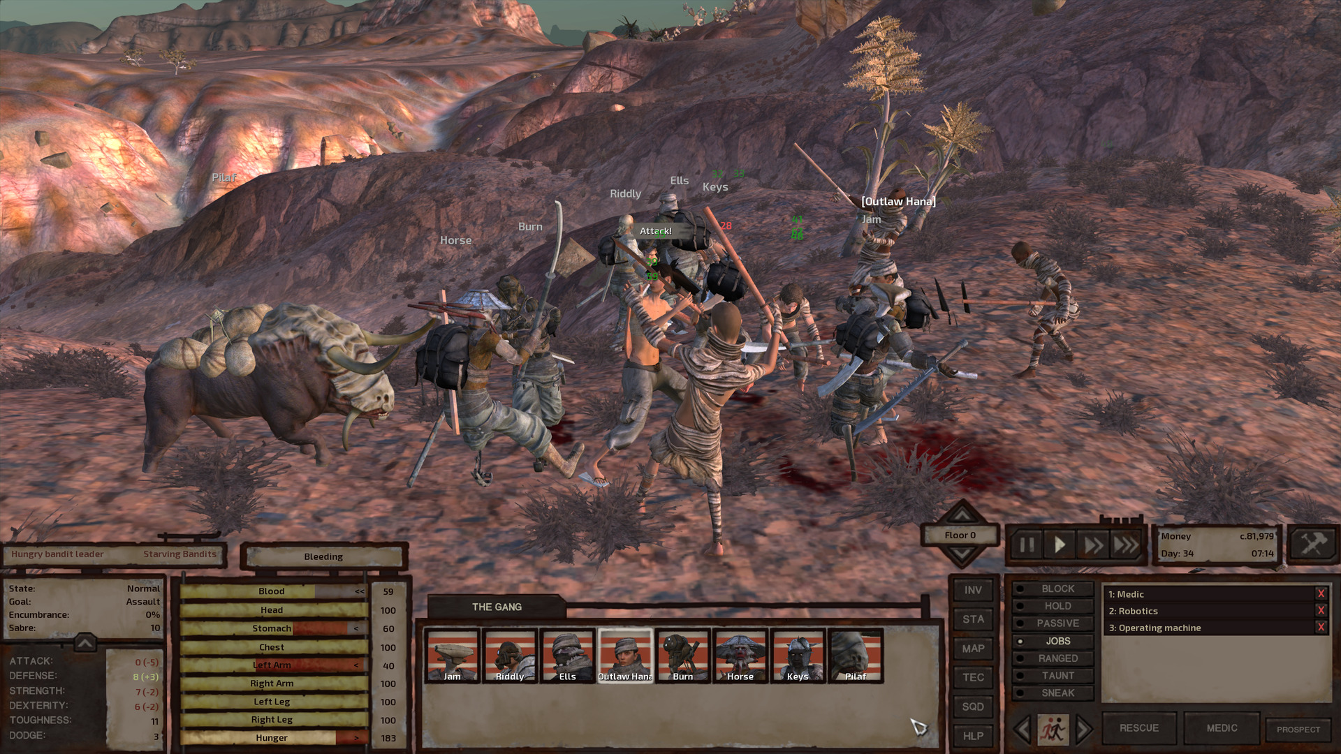 The gang fights starving bandits. In the foreground, one starving bandit takes an unsteady step backward with his hands in the air, dodging Burn's attack. Next to him, Horse does the same to dodge a big swing from the bandit leader. Behind him, Pilaf gets ready to charge in and gore a bandit.