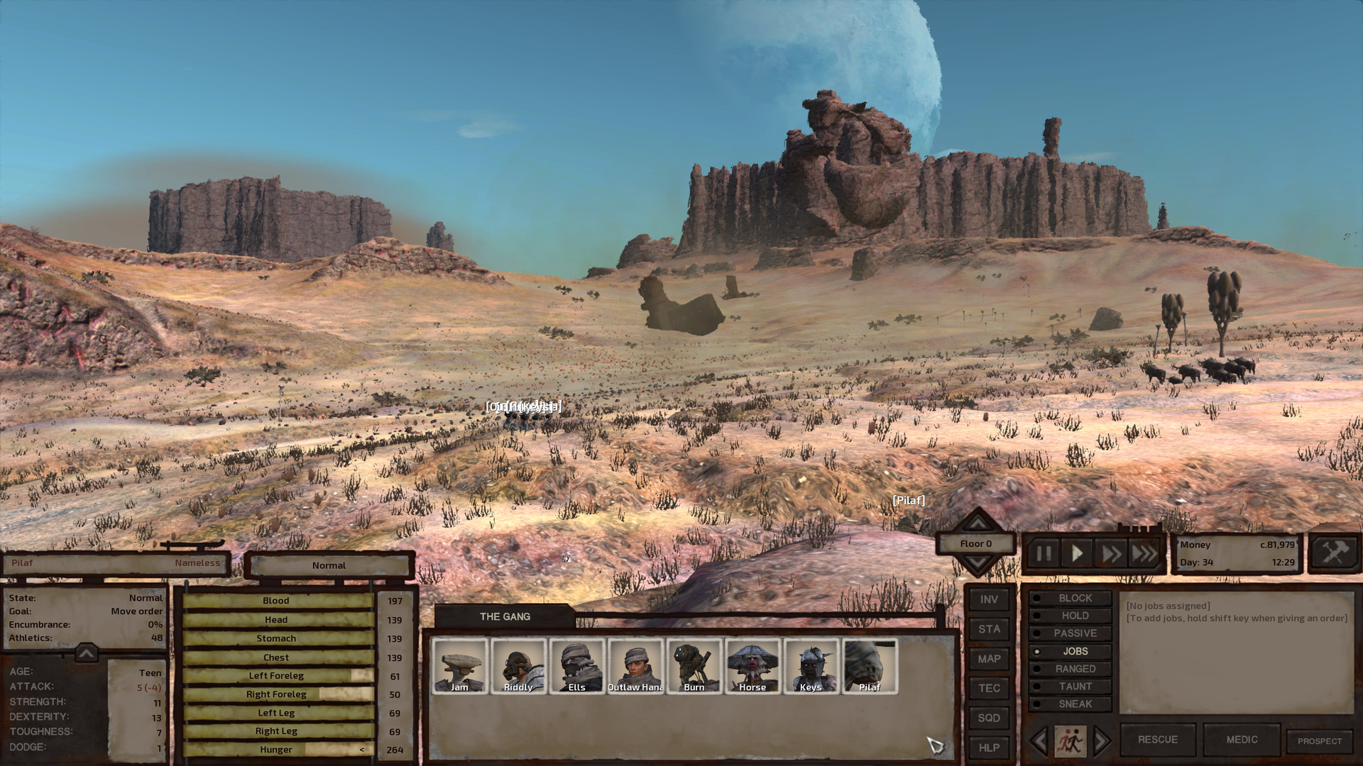 An open plain of pale yellow dirt and sparse grass with some massive rock formations in the distance, the sky a pale blue. A pack of bulls roam northward, their path looking like it'll cross the gang's. Of the rock formations, the largest two are impassable high ridges jutting from the plain. Another, in front of the southernmost ridge, looks like a massive rocky knot.