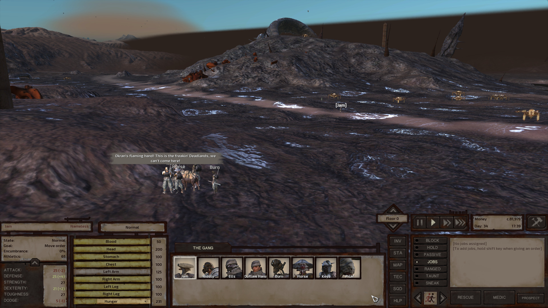 Jam has ventured a short way into the Deadlands, standing at in front of a row of broken spider robots at the foot of a black hill. The others stay behind, Riddly expressing her shock at being here.