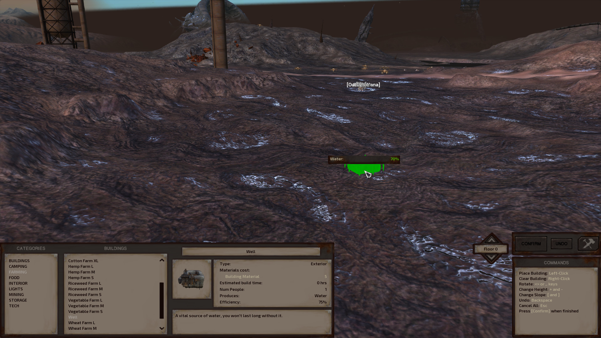 With the build menu open, we preview placing a well in the middle of some low black ground dimpled with pools of water.