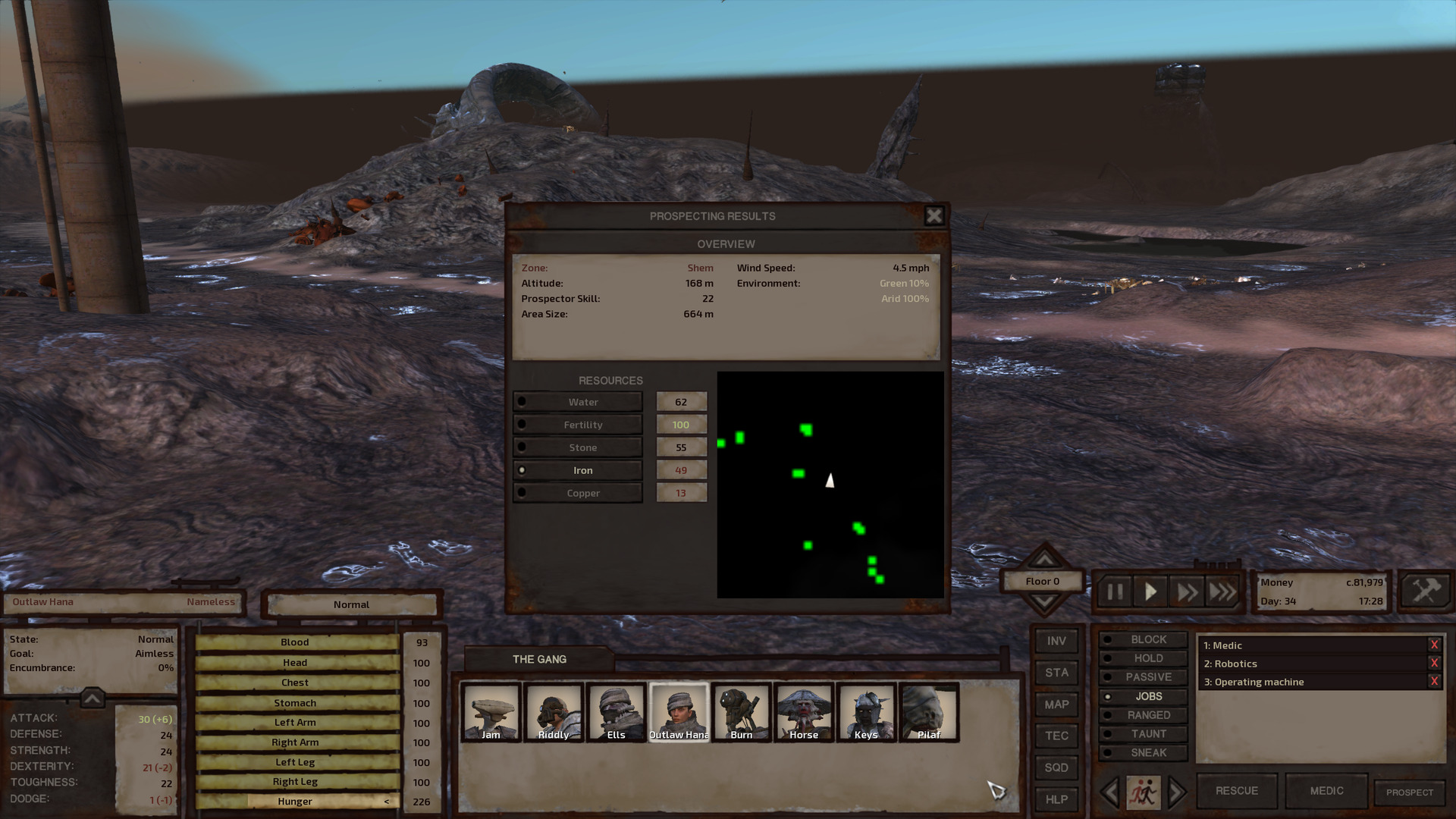 The prospecting window is now open to the iron tab, now showing a series of discrete bright green pips on a pure black background.