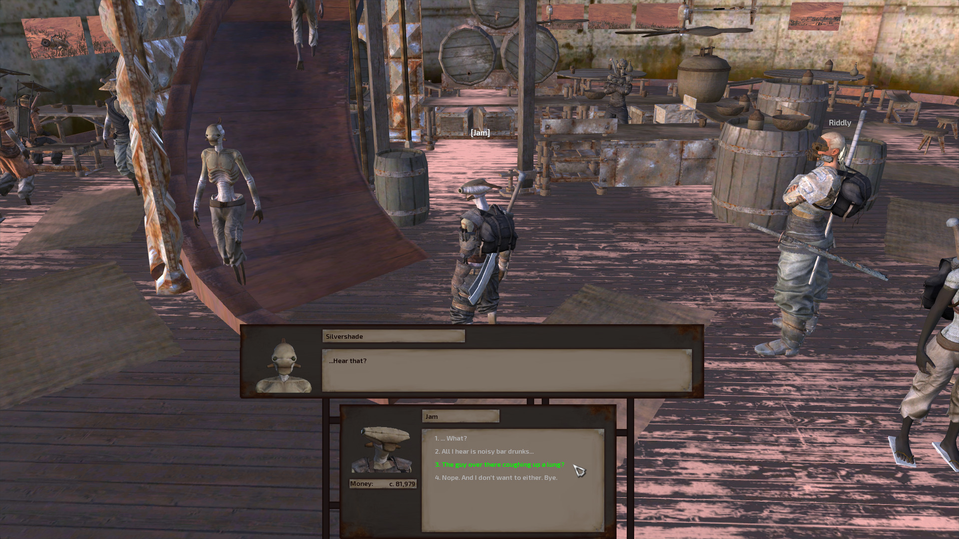 Jam talks with Silvershade, a hive prince who is descending a curved staircase that emerges from between metal interior walls to wrap around in front of the bar.