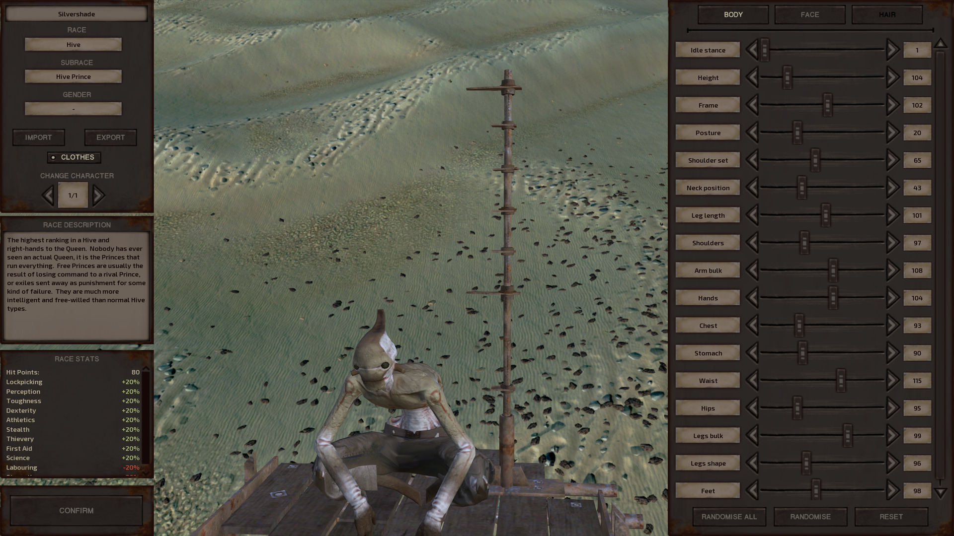 The character creator for Silvershade, who squats like a ruffian in their idle pose. Silvershade is a hive prince, a kind of hiver that looks mostly the same as Jam except for their head. A hive prince's head is more round, their wide-set black eyes giving the head a shape reminiscent of a human skull. Their face has thick, smooth green skin, contrasted with the more ridged and wrinkled white skin of the rest of their head. The green continues down the top of their head in a strip, ending in a brown antenna that curls upward at the back. They have no nose. How do they smell? Quite nicely I imagine, Silvershade seems like someone who takes care of themself.