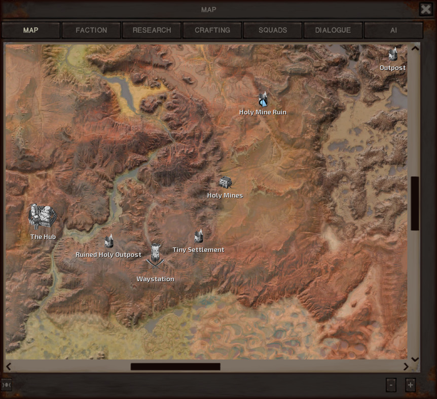 The map, showing that the gang has travelled north, halfway up Skinner's Roam. They stand currently at an empty ruin called Holy Mine Ruin. Southwest of them is a Holy Mine and past that, the Border Zone Waystation and a couple other minor Holy Nation ruins. The Hub lies further west from there.