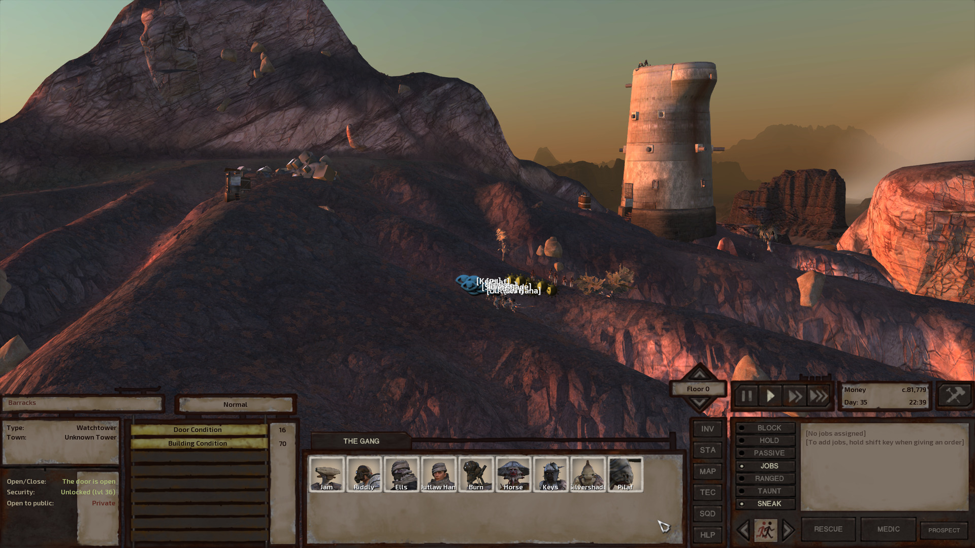A stone watchtower lit by the setting sun, standing on a ridge near the top of a stony hill. A sheer rock outcropping overlooks it.