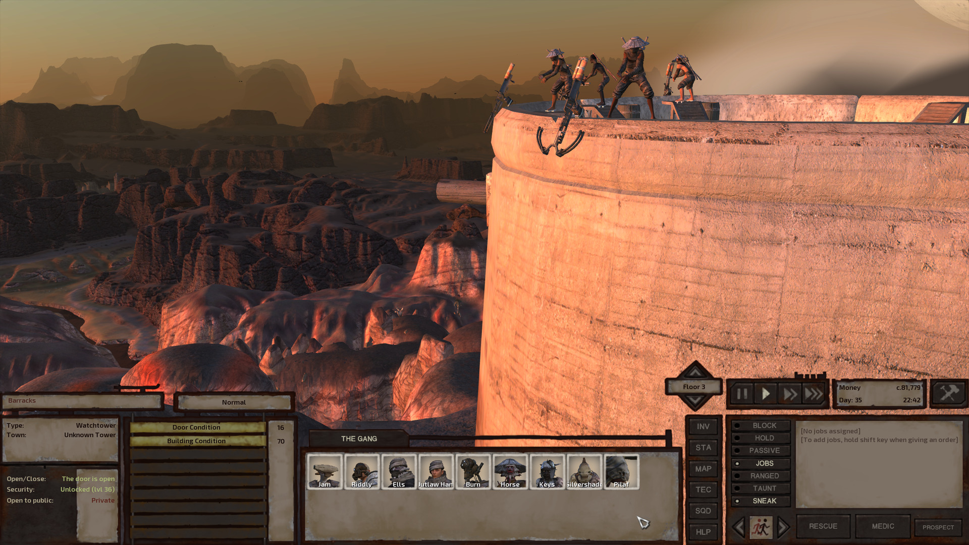 The same tower, the camera zoomed in to get a close look at the roof. Crossbow turrets are fixed to the roof and pointing down at a sharp angle, manned by humans in ninja rags and metal conical hats. Stretching into the background is a vista of badlands, of craggy cliffs bordering a ravine. Far in the distance, shadows of mountains loom.