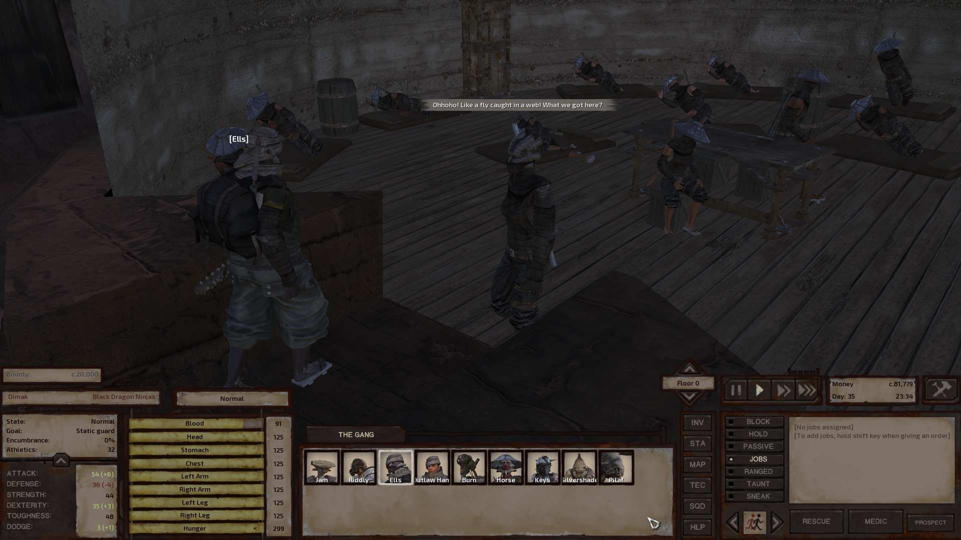 Ells walks into a room with many ninja. One, a shek woman with her horns cut off, is walking toward Ells, taunting him. Behind her, many of the other ninja are in the process of getting up from their beds. There's no actual animation for that so they're just kind of diagonal, still in a pose that suggests sleeping on their sides.